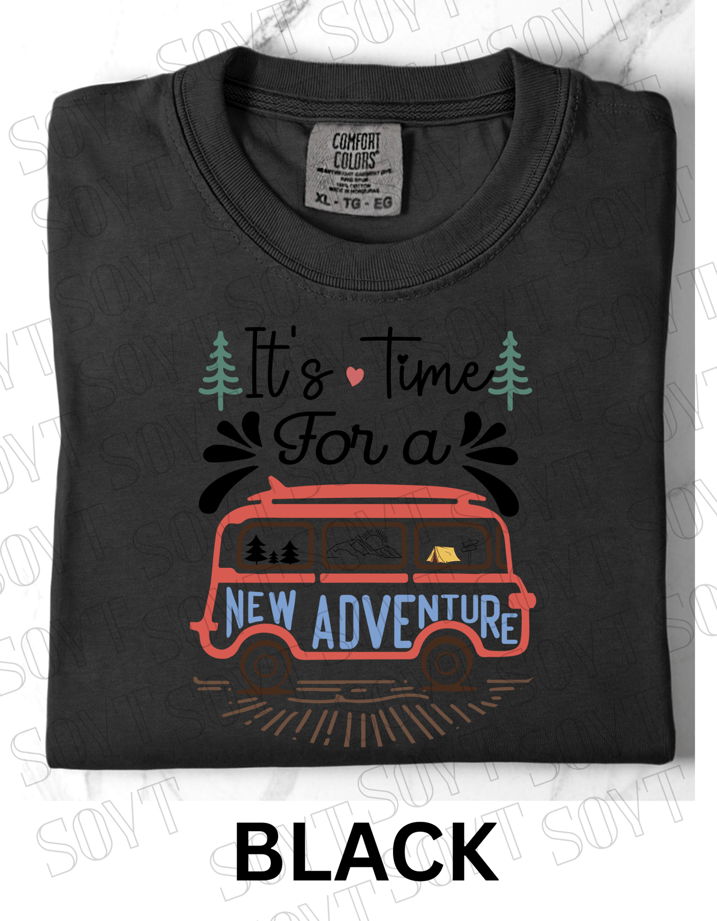 It’s Time for a New Adventure T-Shirt – Retro Van Life Camping Graphic Tee - Festive Apparel StoreBlack