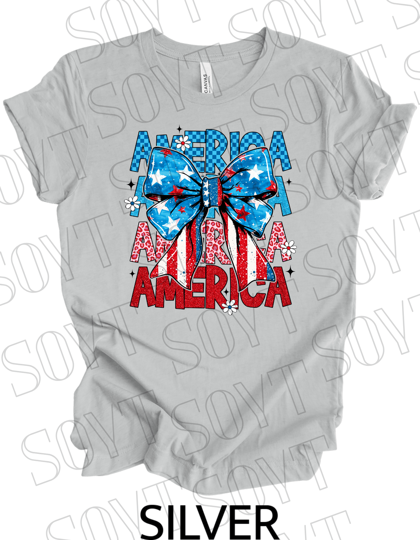 Layered AMERICA Bow T-Shirt – Bella+Canvas Patriotic Feminine Tee - Festive Apparel StoreSilver