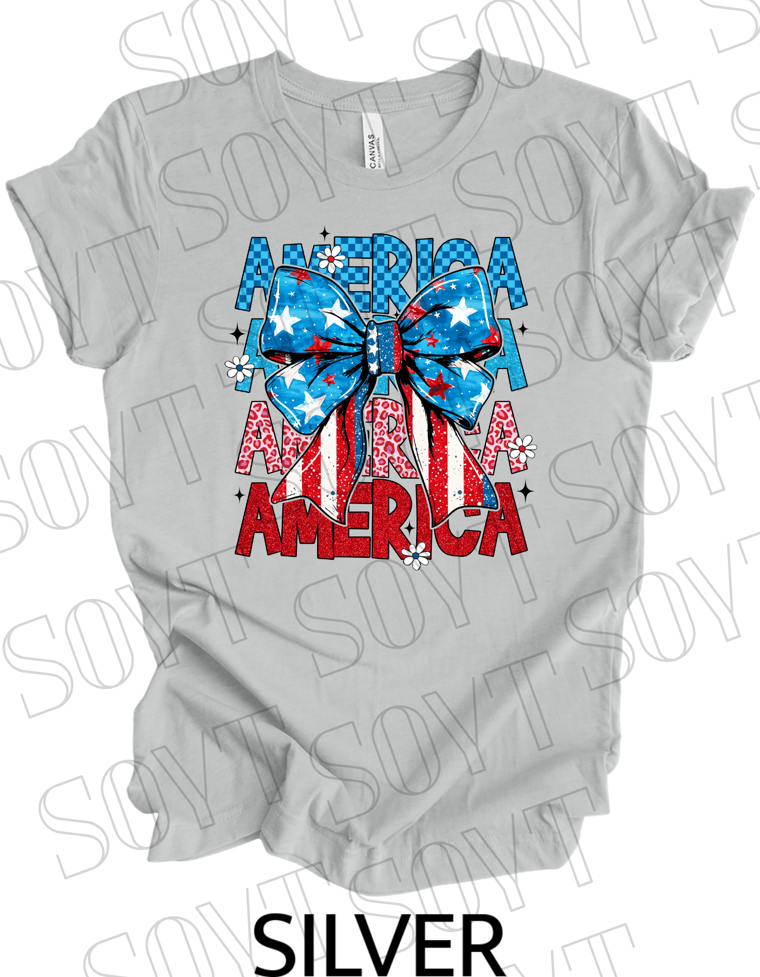 Layered AMERICA Bow T-Shirt – Bella+Canvas Patriotic Feminine Tee - Festive Apparel StoreSilver