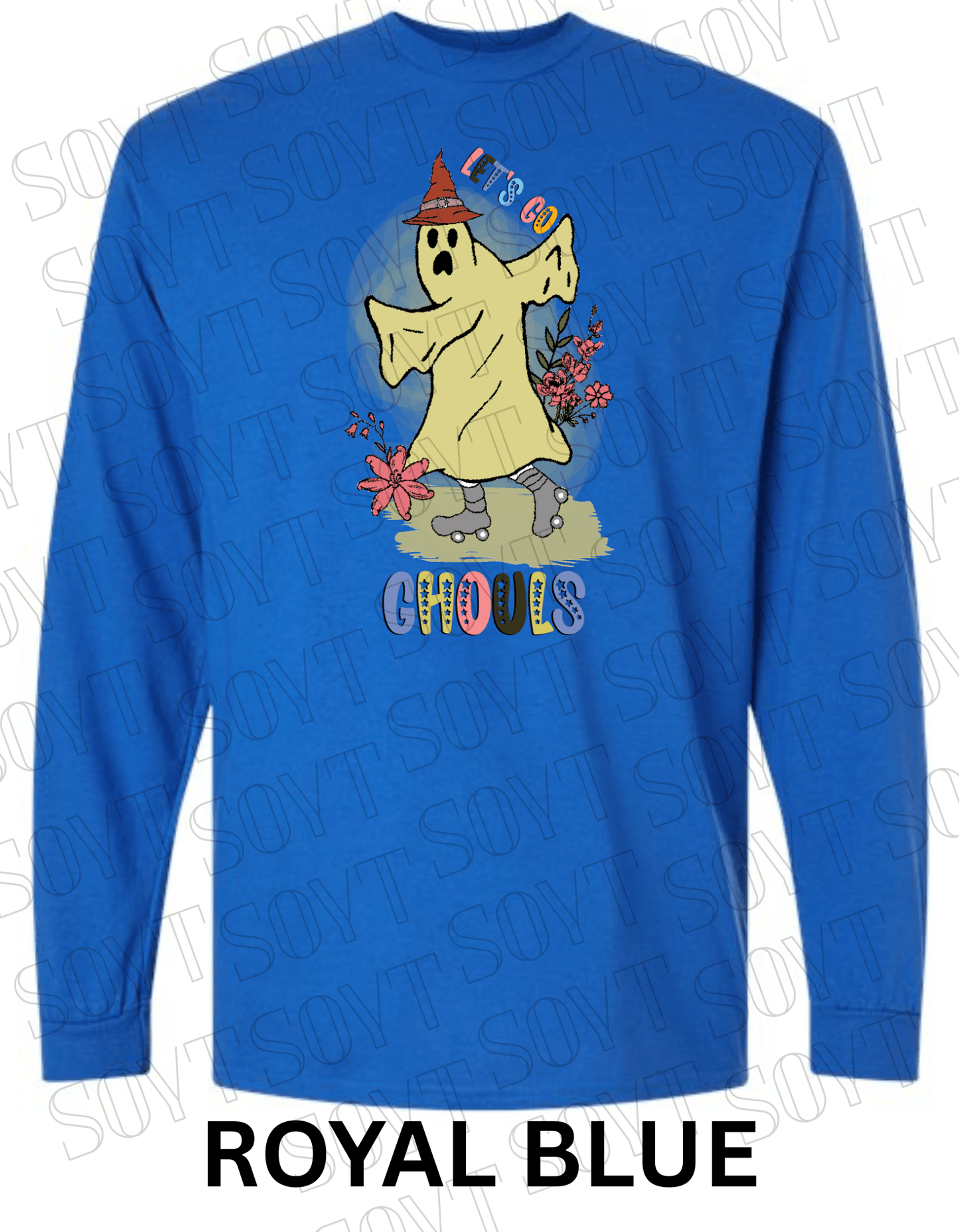 Let’s Go Ghouls Halloween Long Sleeve – Roller Skating Ghost with Florals & Retro Font Shirt - Festive Apparel StoreRoyal Blue