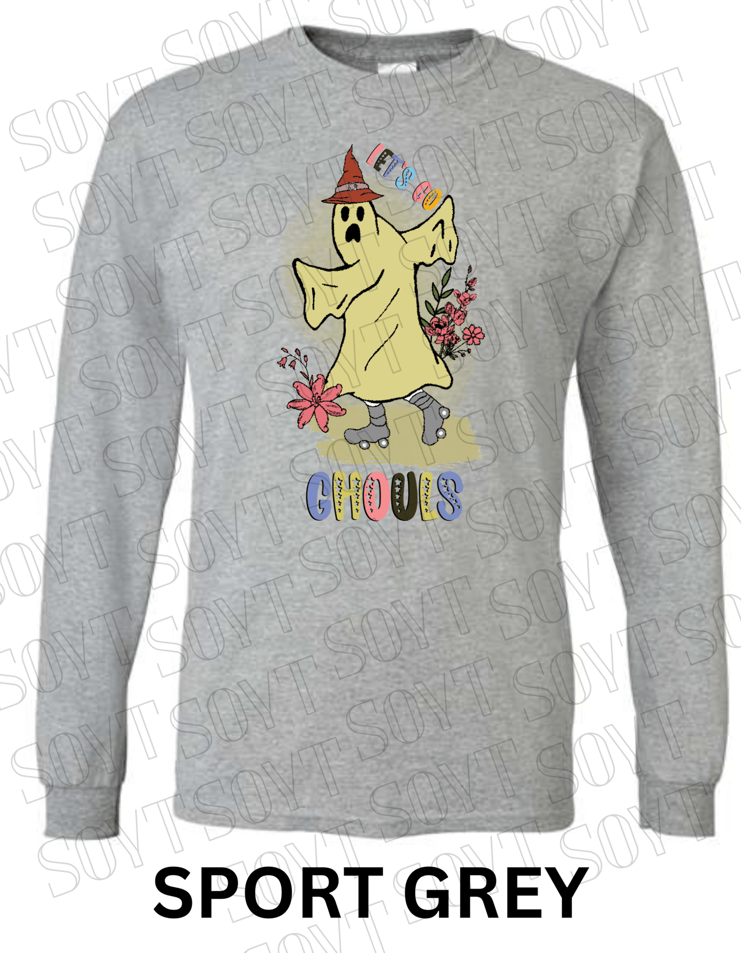 Let’s Go Ghouls Halloween Long Sleeve – Roller Skating Ghost with Florals & Retro Font Shirt - Festive Apparel StoreSport Grey
