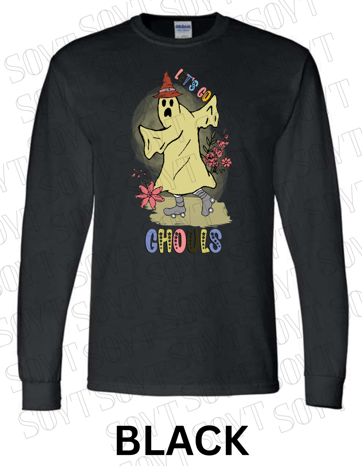 Let’s Go Ghouls Halloween Long Sleeve – Roller Skating Ghost with Florals & Retro Font Shirt - Festive Apparel StoreBlack