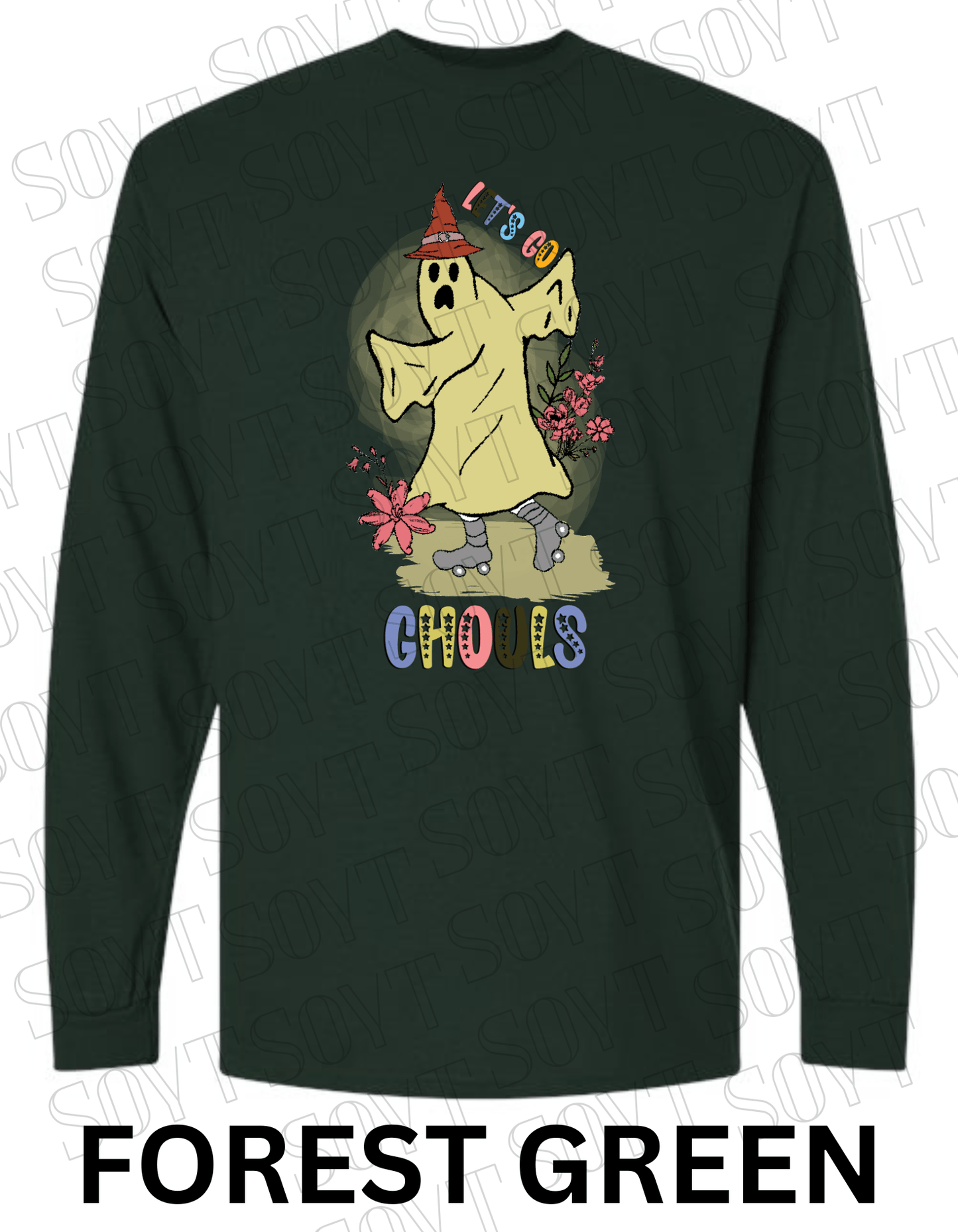 Let’s Go Ghouls Halloween Long Sleeve – Roller Skating Ghost with Florals & Retro Font Shirt - Festive Apparel StoreForest Green