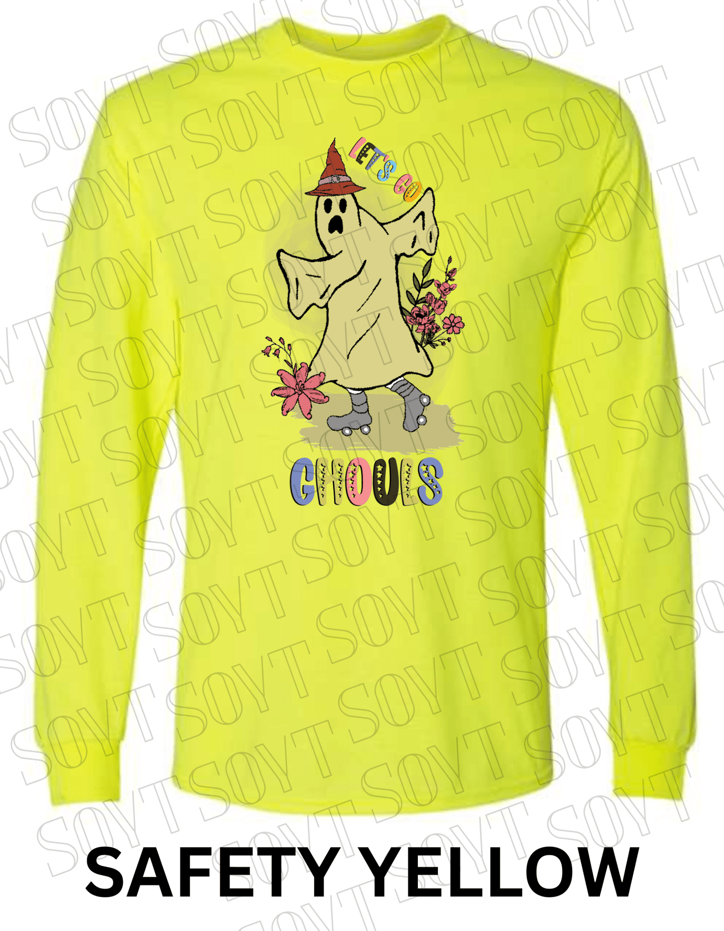 Let’s Go Ghouls Halloween Long Sleeve – Roller Skating Ghost with Florals & Retro Font Shirt - Festive Apparel StoreSafety Yellow