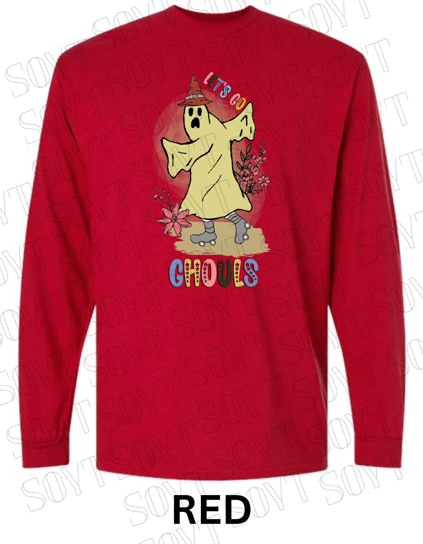 Let’s Go Ghouls Halloween Long Sleeve – Roller Skating Ghost with Florals & Retro Font Shirt - Festive Apparel StoreRed