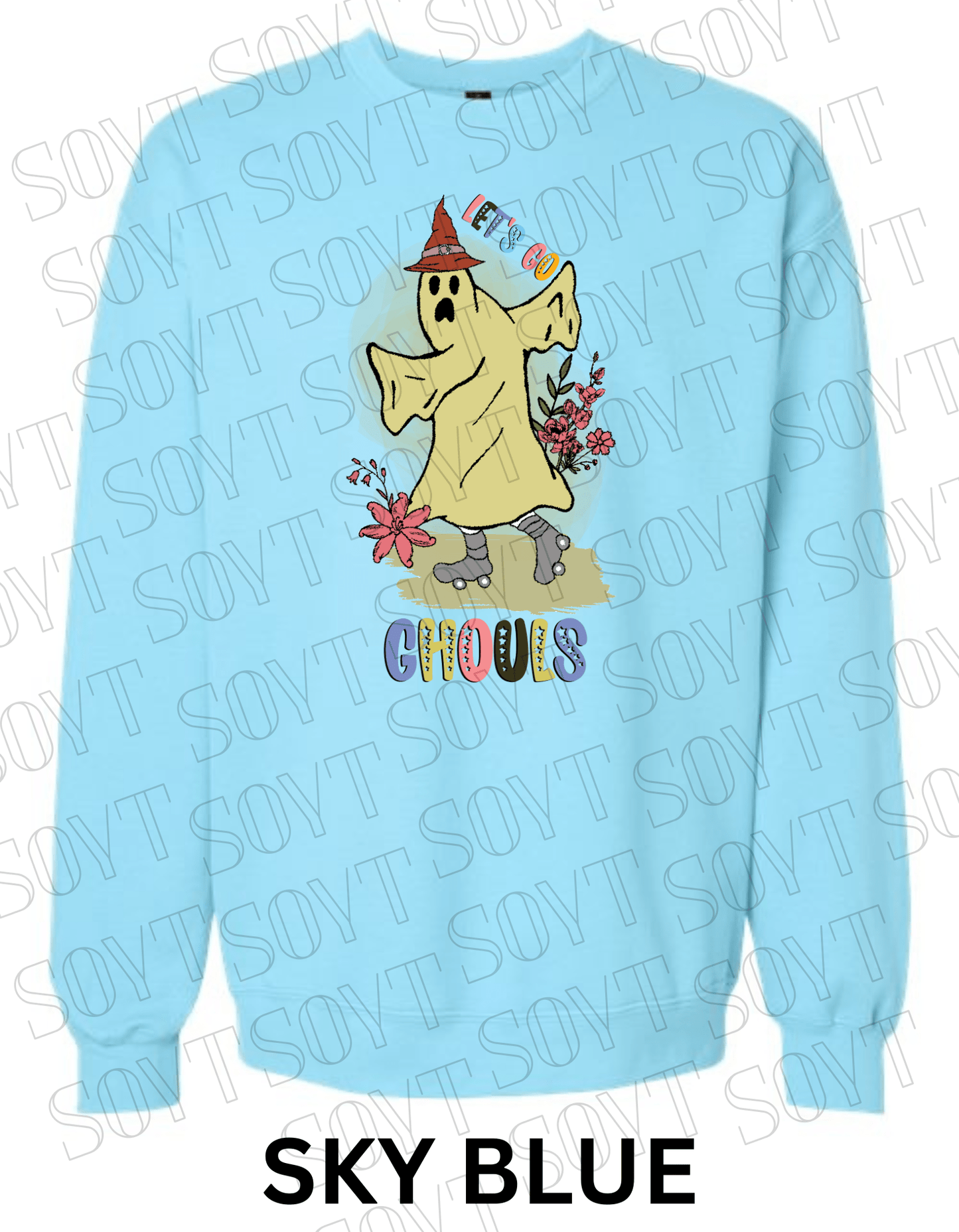 Let’s Go Ghouls Halloween Sweatshirt – Roller Skating Ghost with Retro Florals & Witch Hat Pullover - Festive Apparel StoreSky Blue