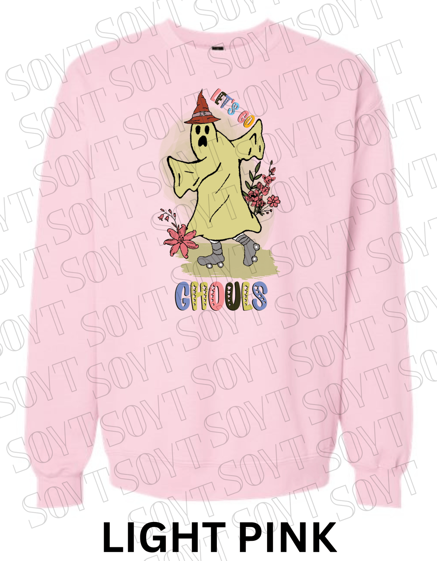 Let’s Go Ghouls Halloween Sweatshirt – Roller Skating Ghost with Retro Florals & Witch Hat Pullover - Festive Apparel StoreLight Pink