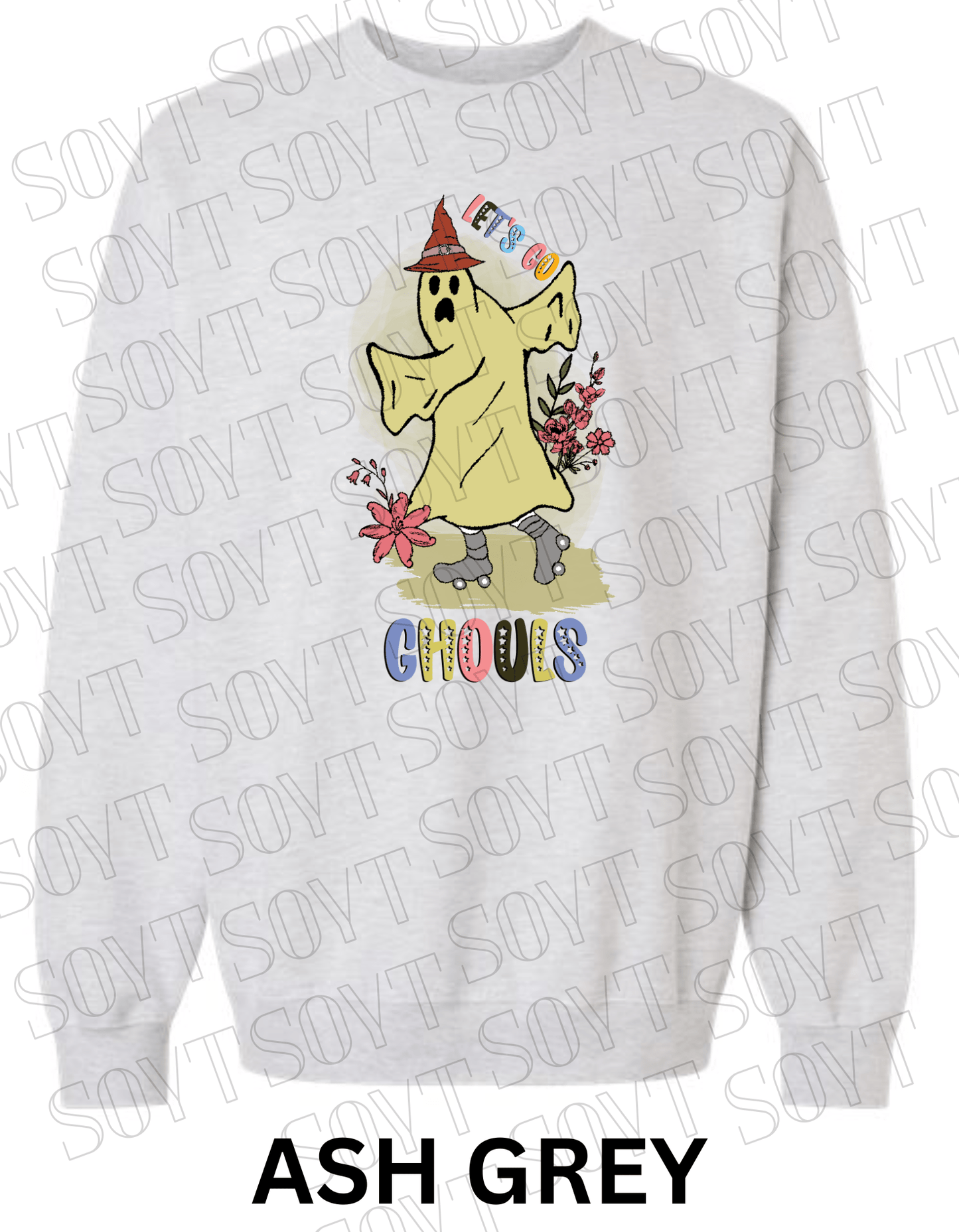 Let’s Go Ghouls Halloween Sweatshirt – Roller Skating Ghost with Retro Florals & Witch Hat Pullover - Festive Apparel StoreAsh Grey