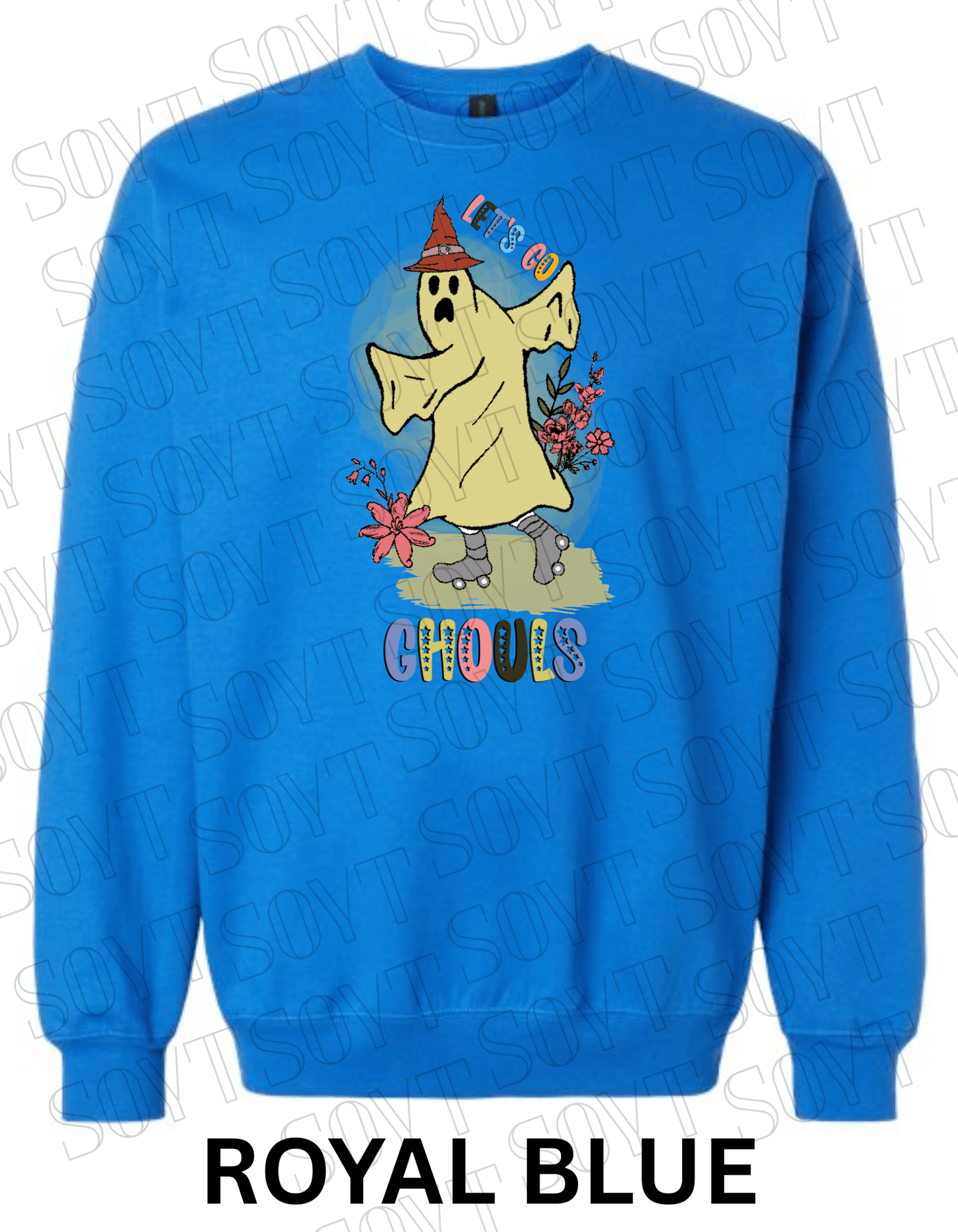 Let’s Go Ghouls Halloween Sweatshirt – Roller Skating Ghost with Retro Florals & Witch Hat Pullover - Festive Apparel StoreRoyal Blue