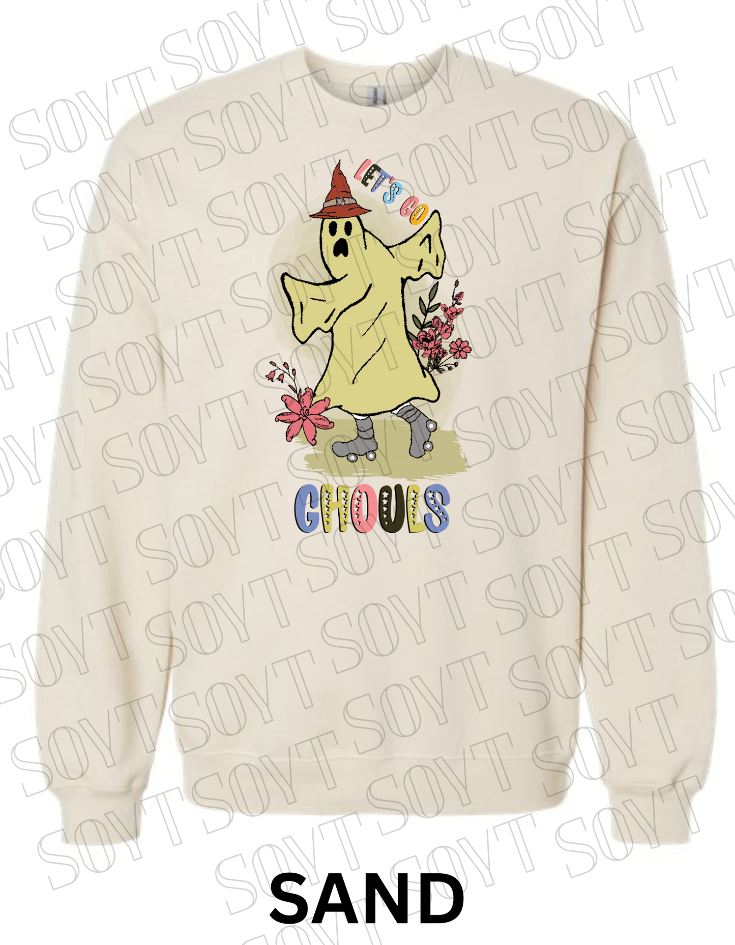 Let’s Go Ghouls Halloween Sweatshirt – Roller Skating Ghost with Retro Florals & Witch Hat Pullover - Festive Apparel StoreSand