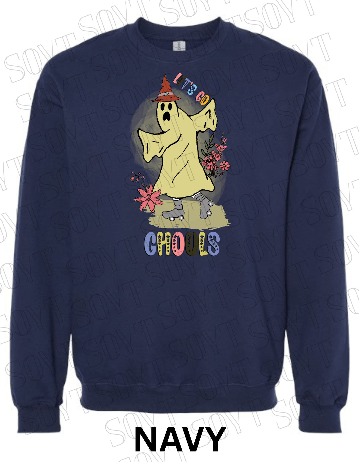 Let’s Go Ghouls Halloween Sweatshirt – Roller Skating Ghost with Retro Florals & Witch Hat Pullover - Festive Apparel StoreNavy Blue