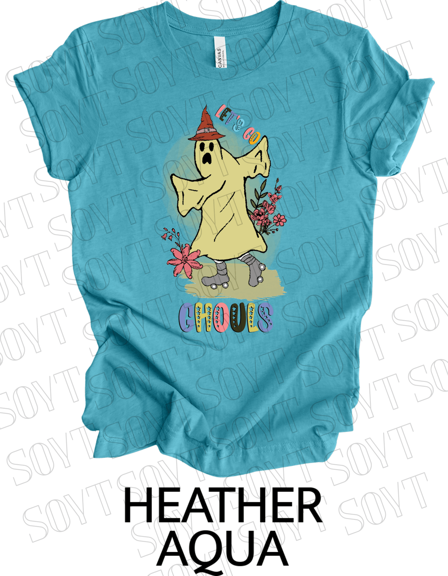 Let’s Go Ghouls T-Shirt – Roller Skating Ghost Halloween Graphic Tee with Retro Florals - Festive Apparel StoreHeather Aqua