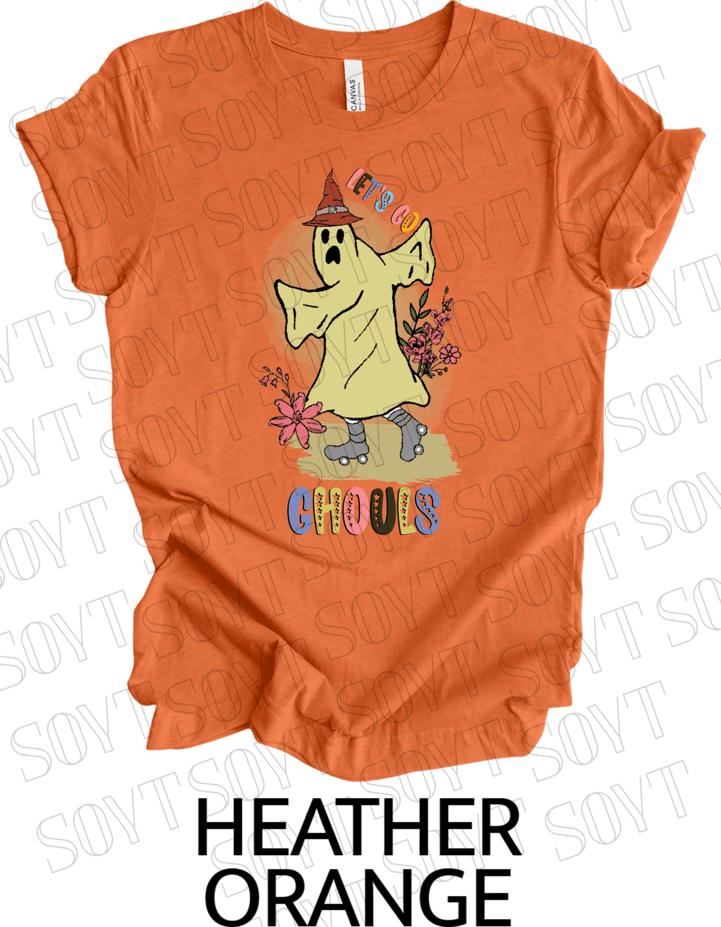 Let’s Go Ghouls T-Shirt – Roller Skating Ghost Halloween Graphic Tee with Retro Florals - Festive Apparel StoreHeather Orange