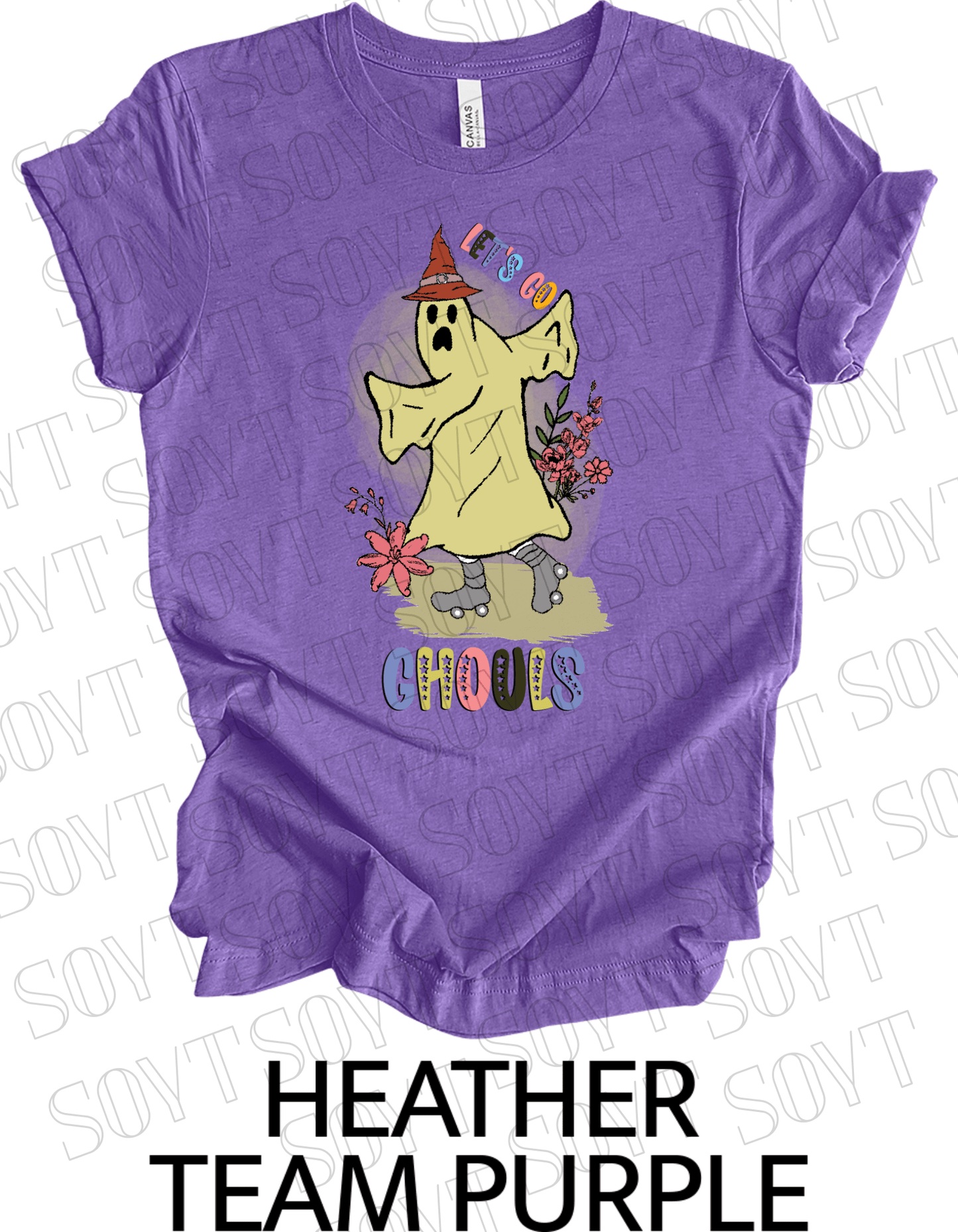 Let’s Go Ghouls T-Shirt – Roller Skating Ghost Halloween Graphic Tee with Retro Florals - Festive Apparel StoreHeather Purple