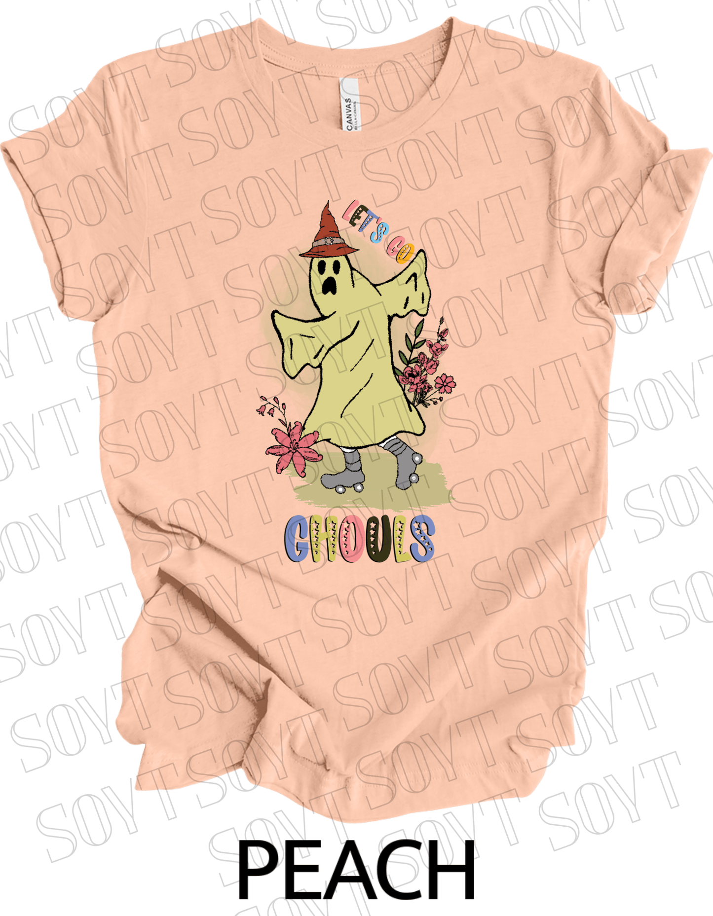 Let’s Go Ghouls T-Shirt – Roller Skating Ghost Halloween Graphic Tee with Retro Florals - Festive Apparel StorePeach
