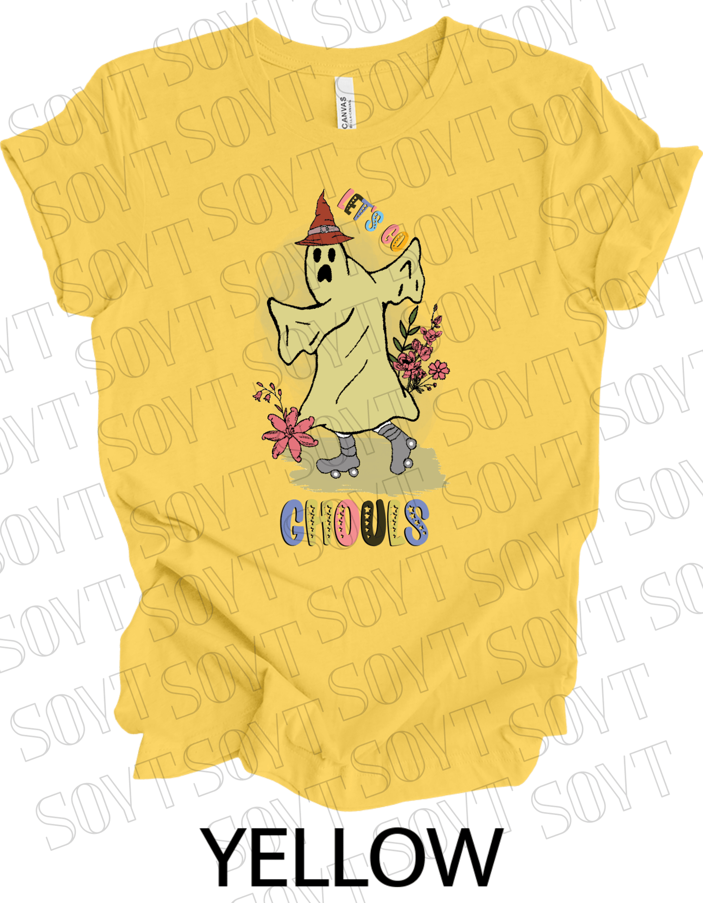 Let’s Go Ghouls T-Shirt – Roller Skating Ghost Halloween Graphic Tee with Retro Florals - Festive Apparel StoreYellow