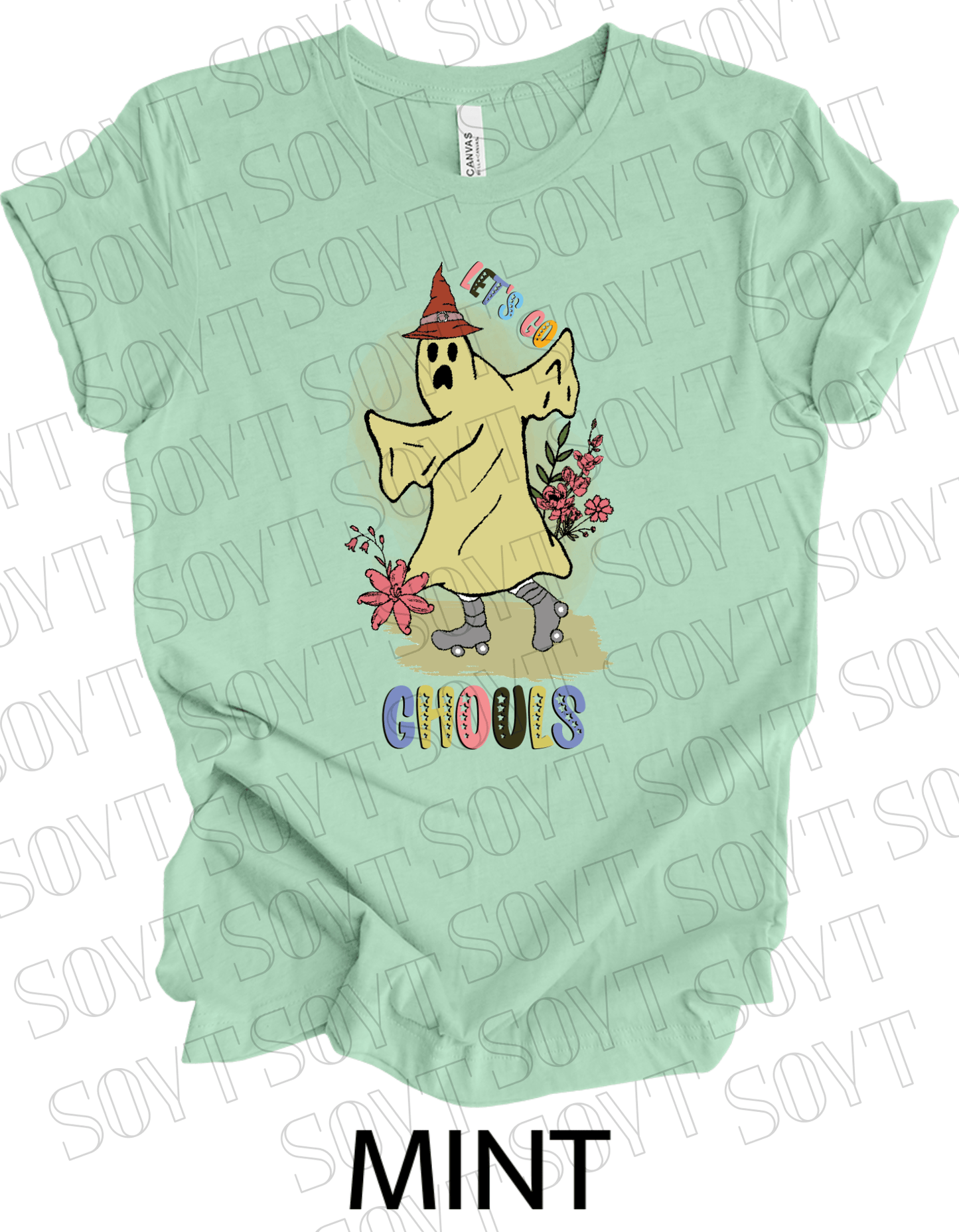 Let’s Go Ghouls T-Shirt – Roller Skating Ghost Halloween Graphic Tee with Retro Florals - Festive Apparel StoreMint