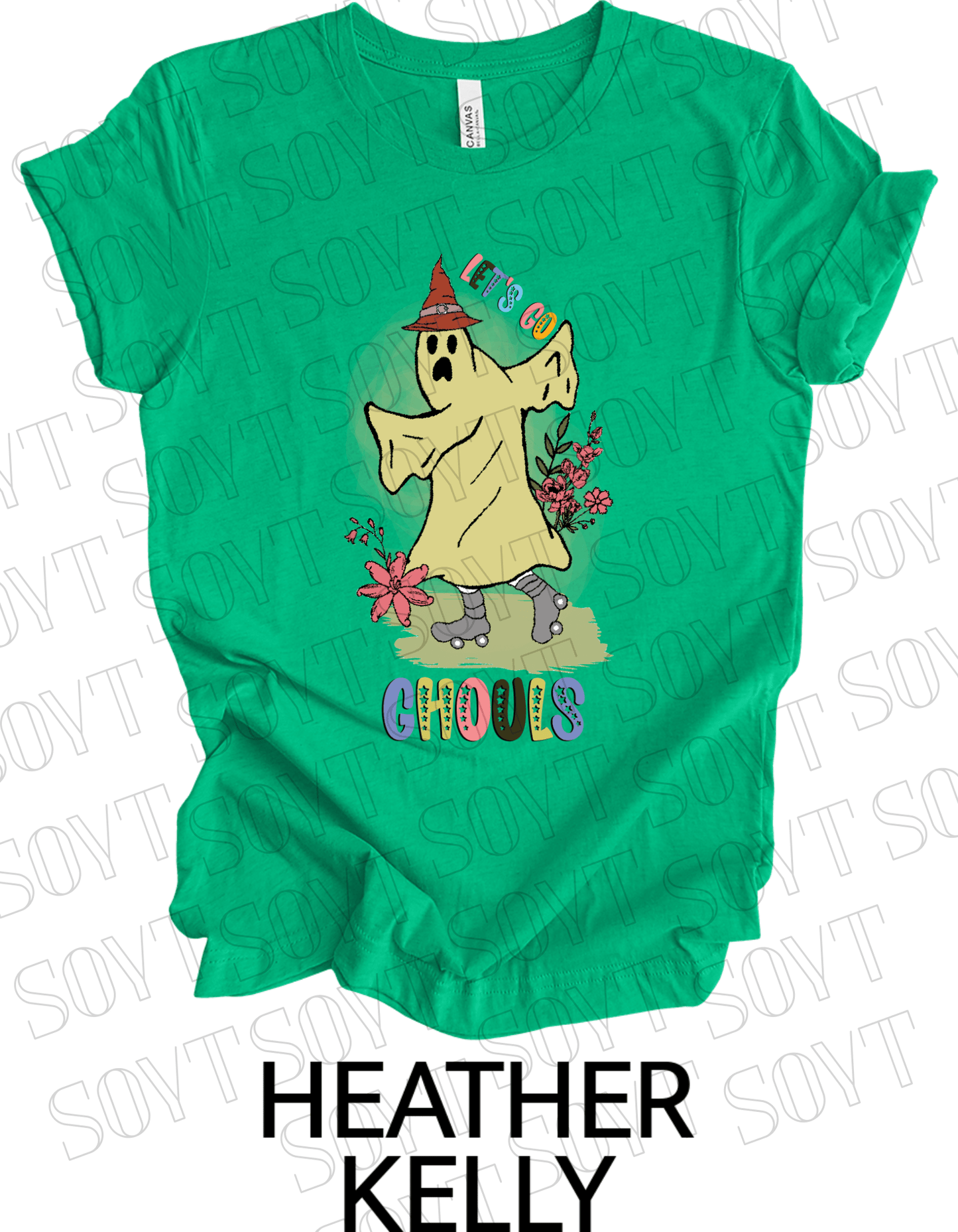 Let’s Go Ghouls T-Shirt – Roller Skating Ghost Halloween Graphic Tee with Retro Florals - Festive Apparel StoreHeather Kelly Green
