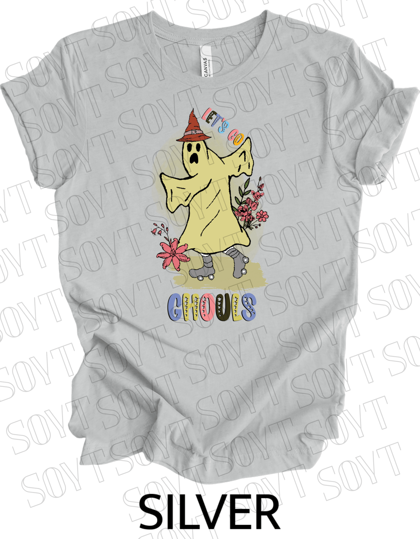 Let’s Go Ghouls T-Shirt – Roller Skating Ghost Halloween Graphic Tee with Retro Florals - Festive Apparel StoreSilver