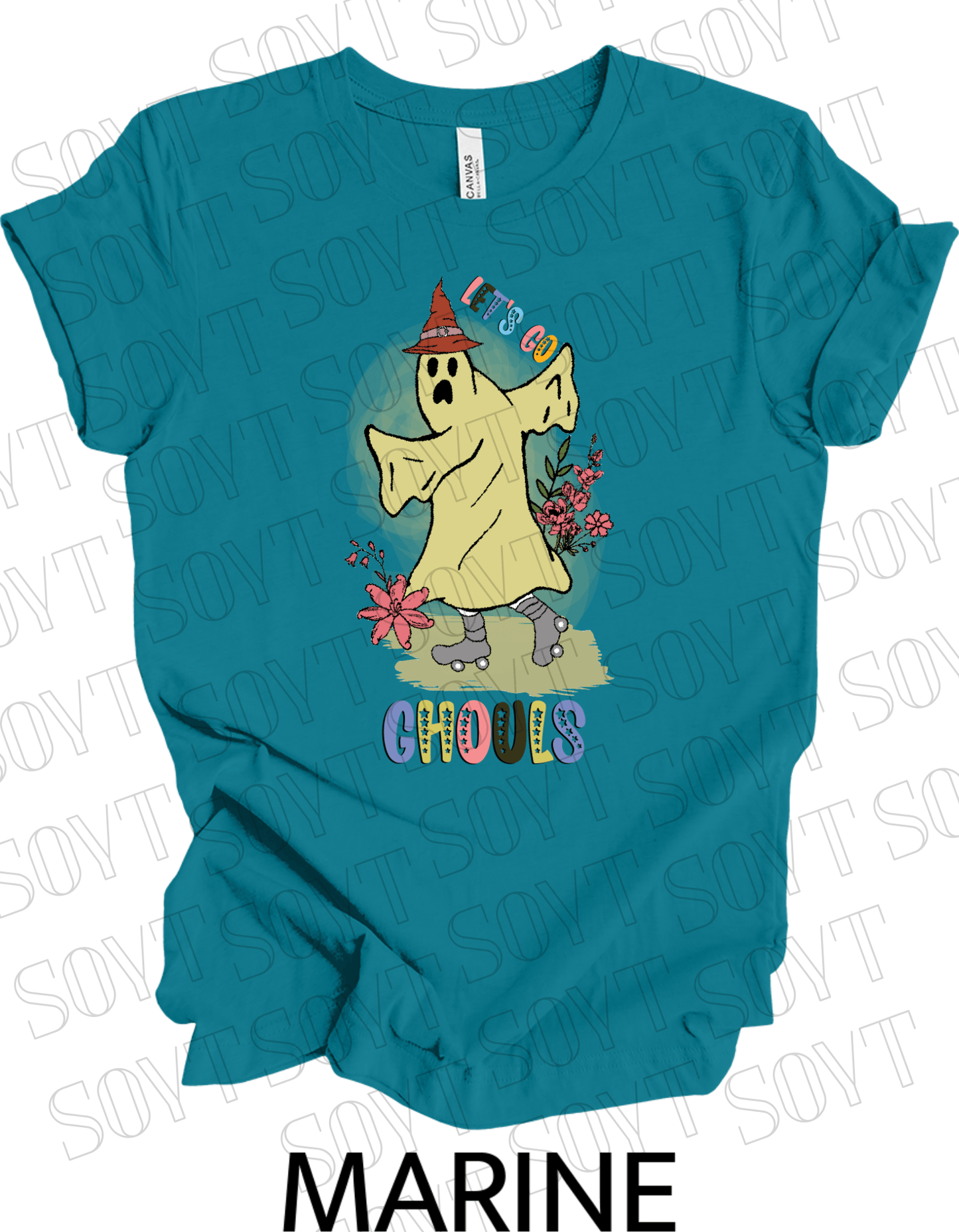Let’s Go Ghouls T-Shirt – Roller Skating Ghost Halloween Graphic Tee with Retro Florals - Festive Apparel StoreMarine