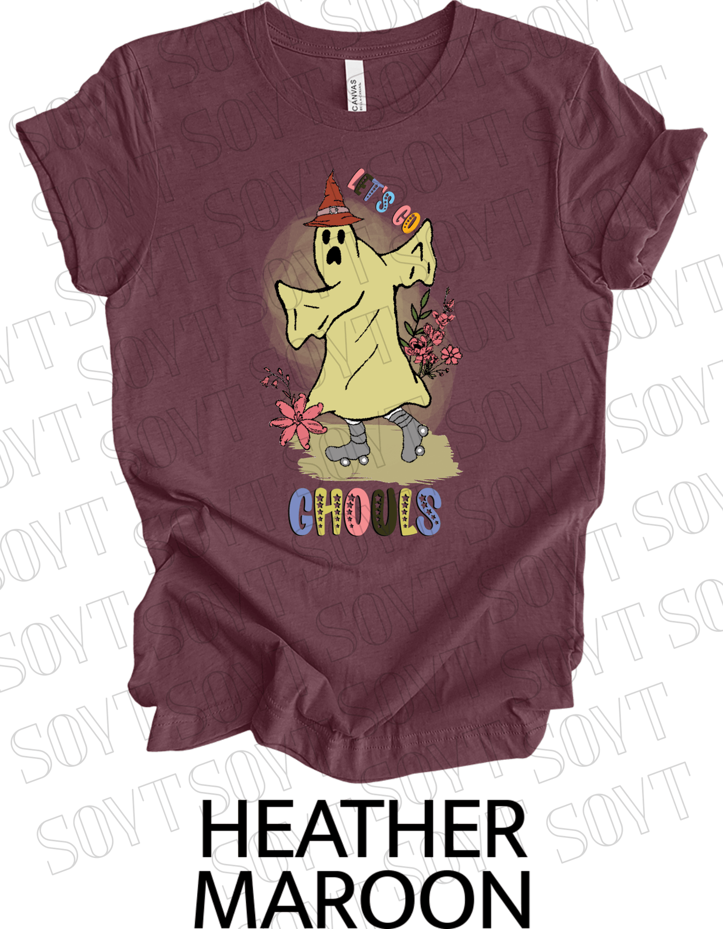 Let’s Go Ghouls T-Shirt – Roller Skating Ghost Halloween Graphic Tee with Retro Florals - Festive Apparel StoreHeather Maroon