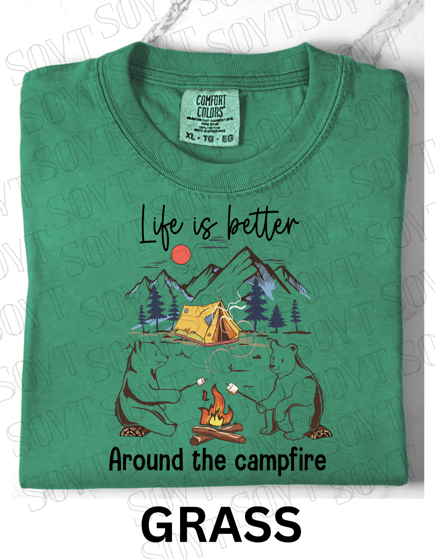 Life Is Better Around the Campfire T-Shirt – Cozy Bear Camping Graphic Tee - Festive Apparel StoreGrass