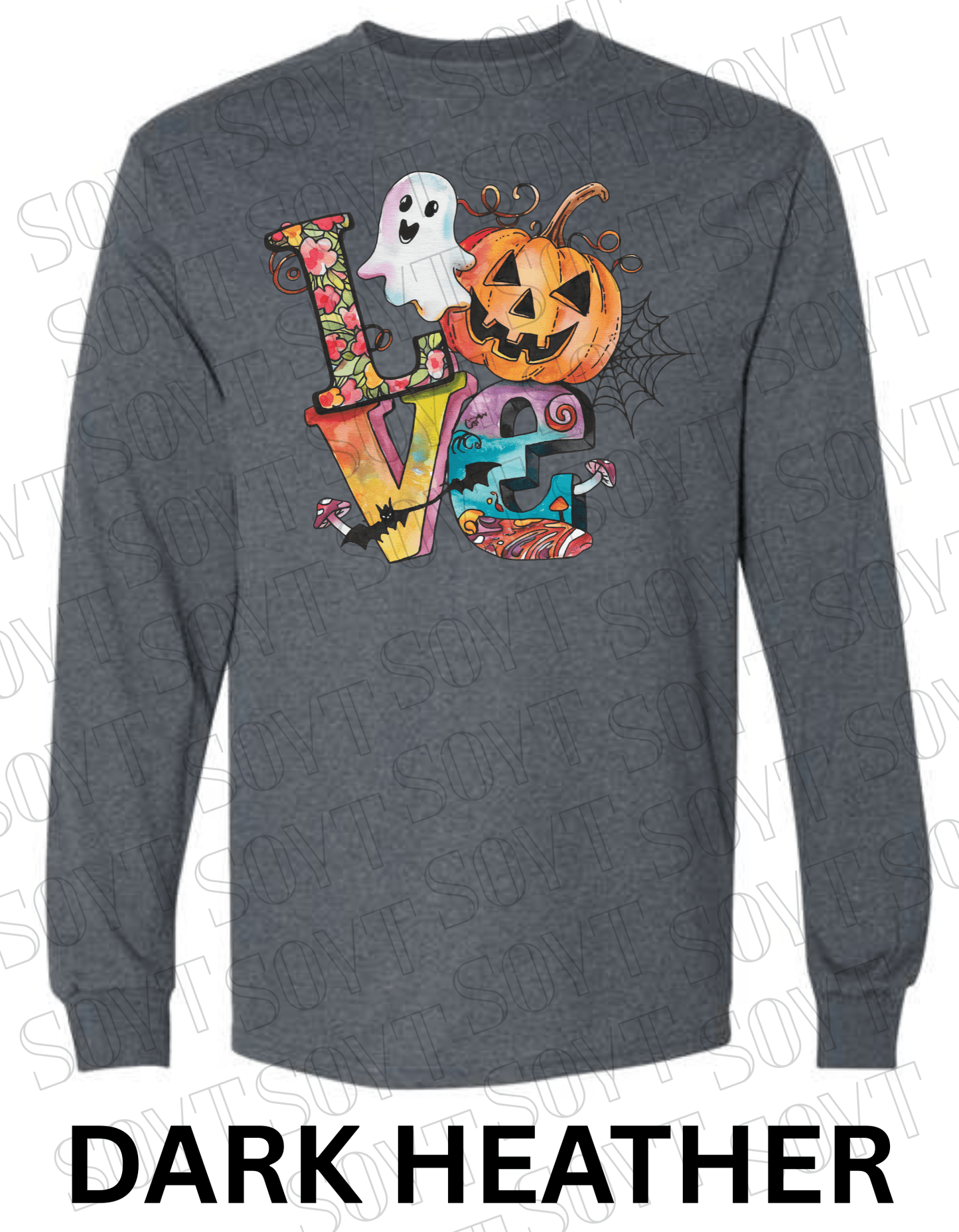 LOVE Halloween Long Sleeve Shirt – Colorful Ghost, Pumpkin, Bats & Floral Letters Graphic - Festive Apparel StoreDark Heather