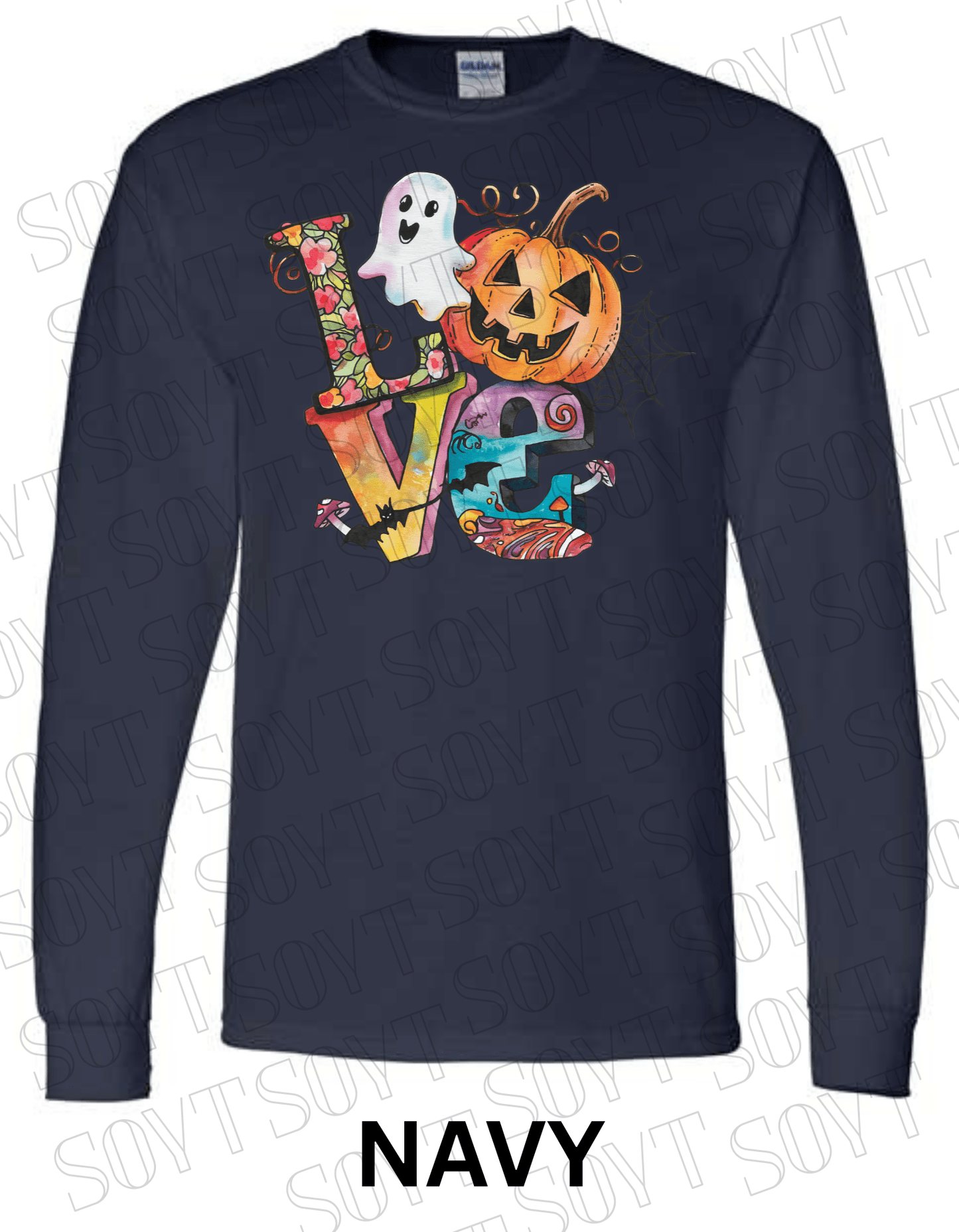 LOVE Halloween Long Sleeve Shirt – Colorful Ghost, Pumpkin, Bats & Floral Letters Graphic - Festive Apparel StoreNavy Blue
