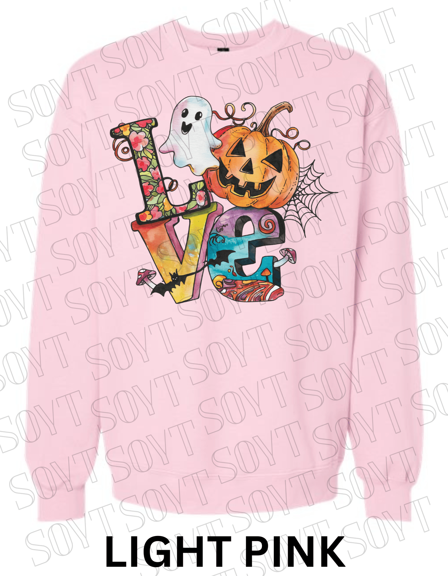 LOVE Halloween Sweatshirt – Colorful Pumpkin, Ghost & Bats Graphic Pullover for Fall - Festive Apparel StoreLight Pink