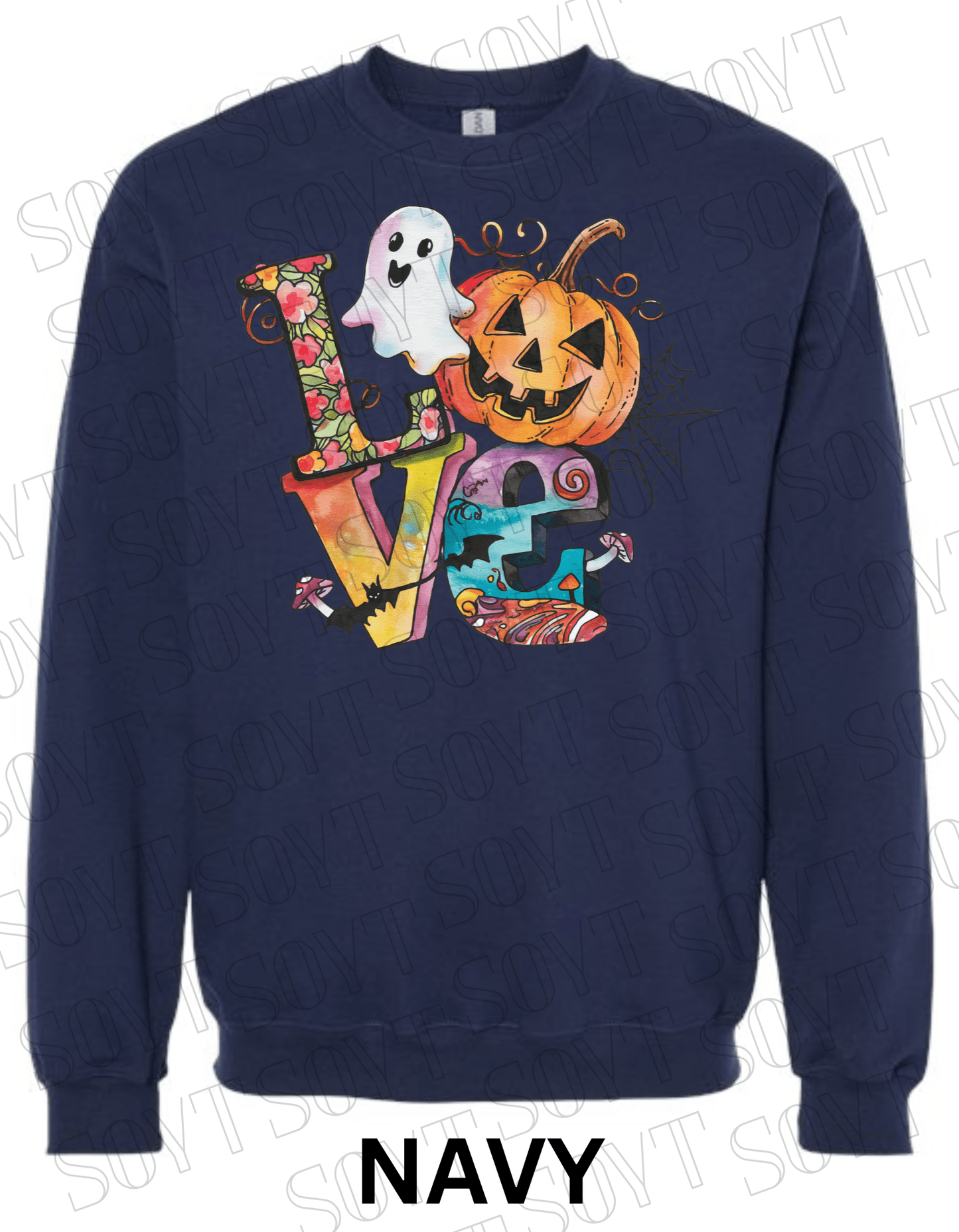 LOVE Halloween Sweatshirt – Colorful Pumpkin, Ghost & Bats Graphic Pullover for Fall - Festive Apparel StoreNavy Blue