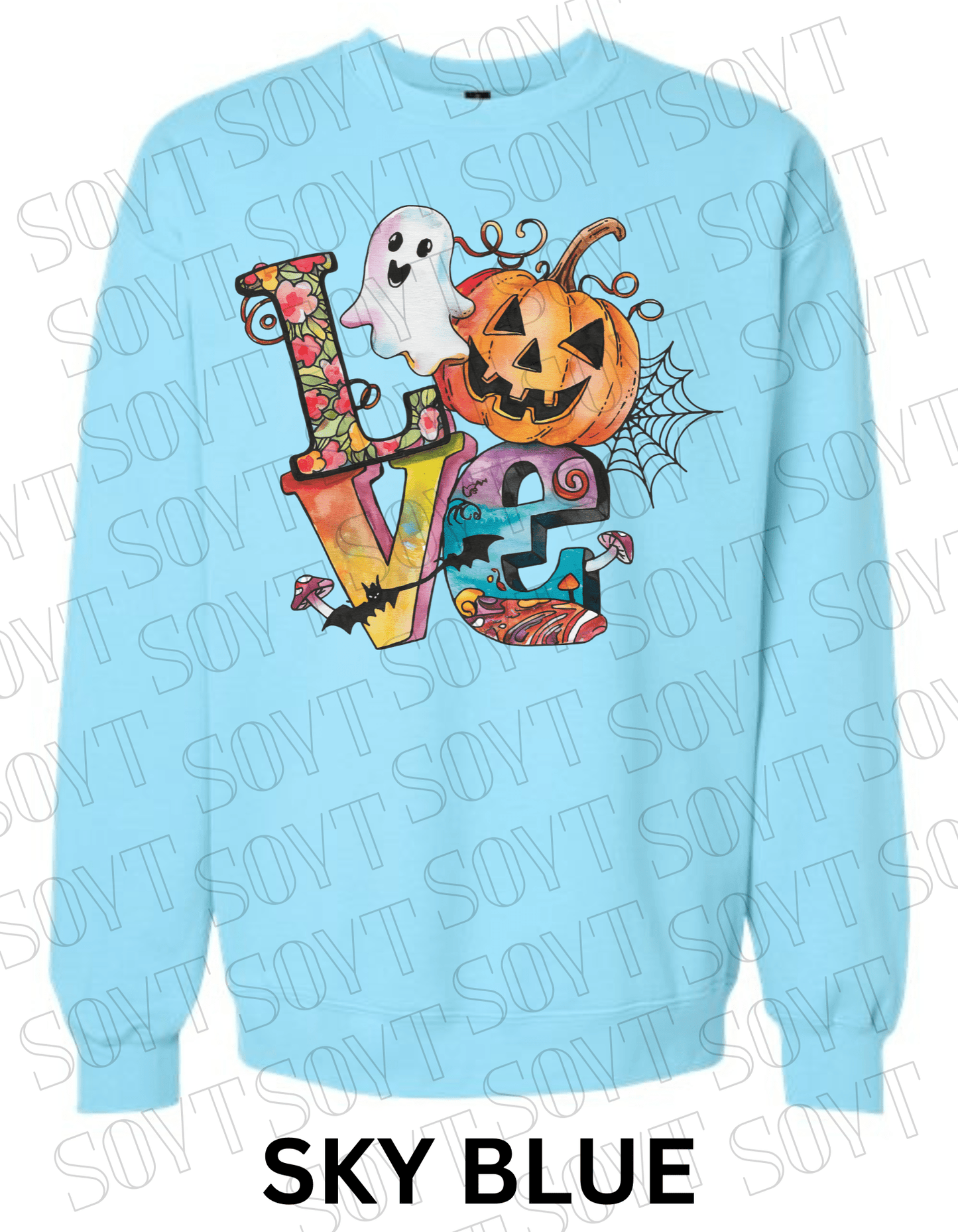 LOVE Halloween Sweatshirt – Colorful Pumpkin, Ghost & Bats Graphic Pullover for Fall - Festive Apparel StoreSky Blue