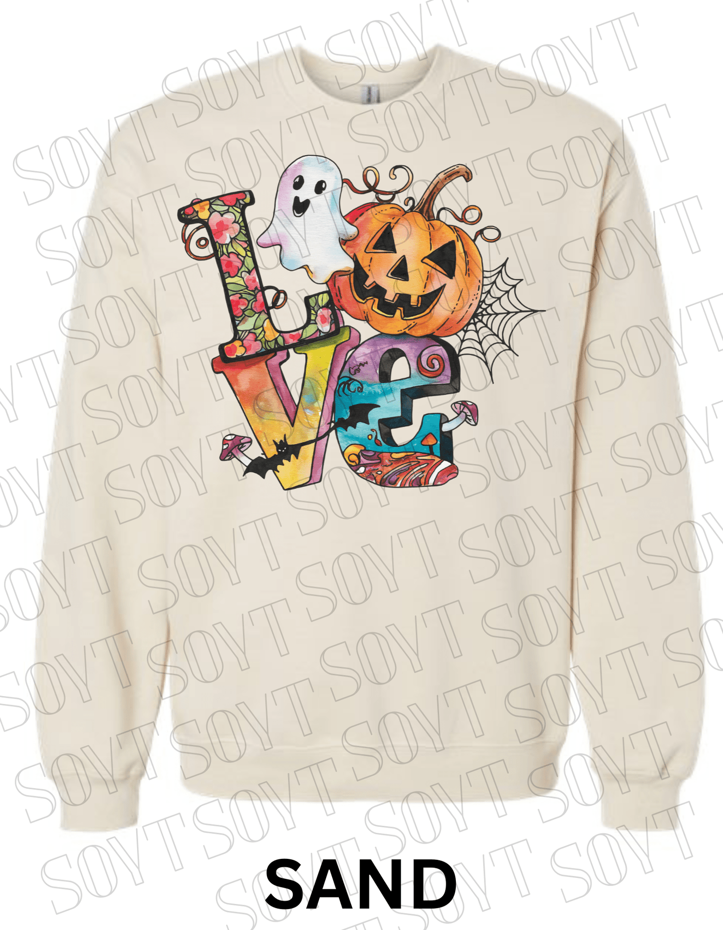 LOVE Halloween Sweatshirt – Colorful Pumpkin, Ghost & Bats Graphic Pullover for Fall - Festive Apparel StoreSand