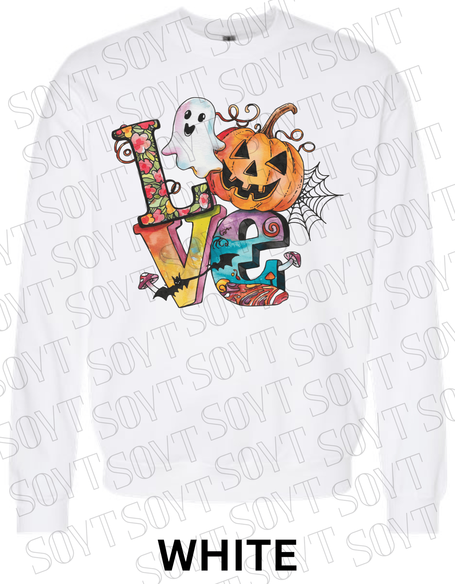 LOVE Halloween Sweatshirt – Colorful Pumpkin, Ghost & Bats Graphic Pullover for Fall - Festive Apparel StoreWhite