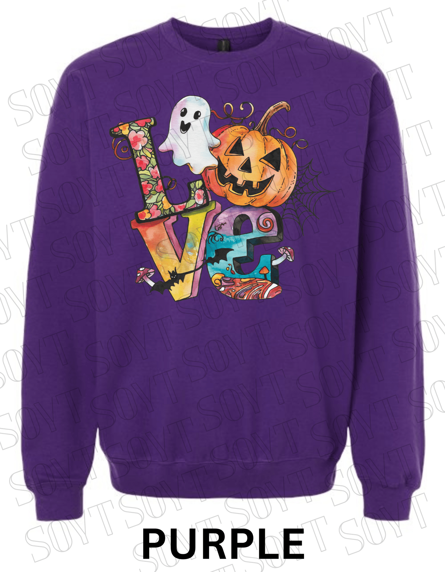 LOVE Halloween Sweatshirt – Colorful Pumpkin, Ghost & Bats Graphic Pullover for Fall - Festive Apparel StorePurple