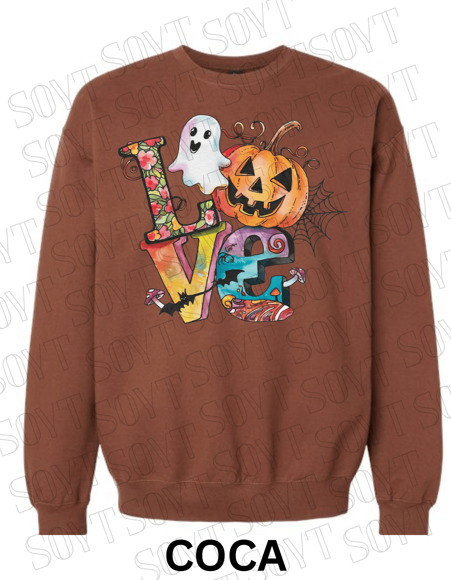 LOVE Halloween Sweatshirt – Colorful Pumpkin, Ghost & Bats Graphic Pullover for Fall - Festive Apparel StoreCocoa Brown