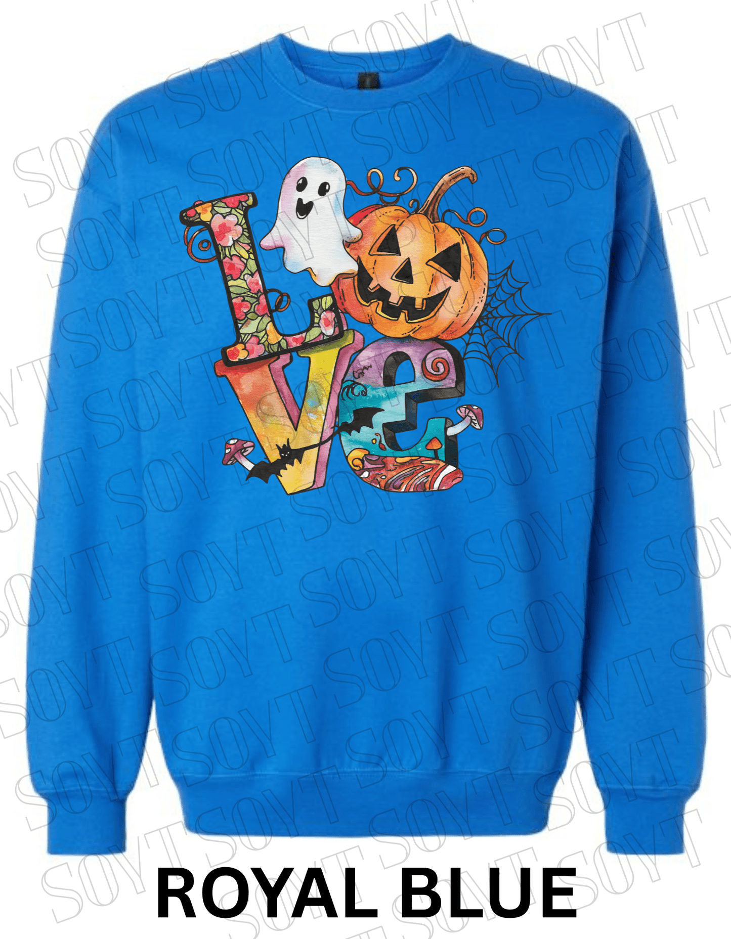 LOVE Halloween Sweatshirt – Colorful Pumpkin, Ghost & Bats Graphic Pullover for Fall - Festive Apparel StoreRoyal Blue