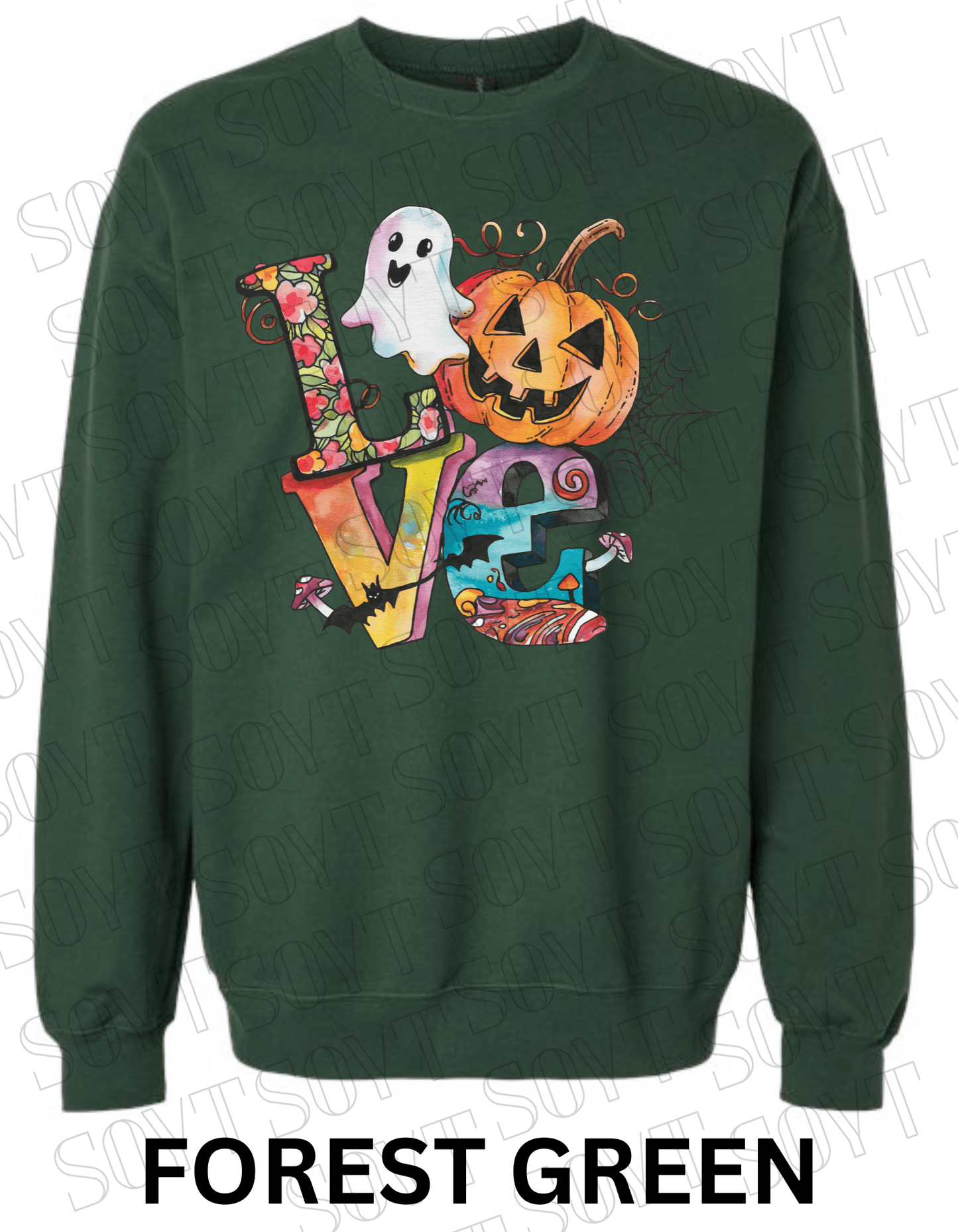 LOVE Halloween Sweatshirt – Colorful Pumpkin, Ghost & Bats Graphic Pullover for Fall - Festive Apparel StoreForest Green