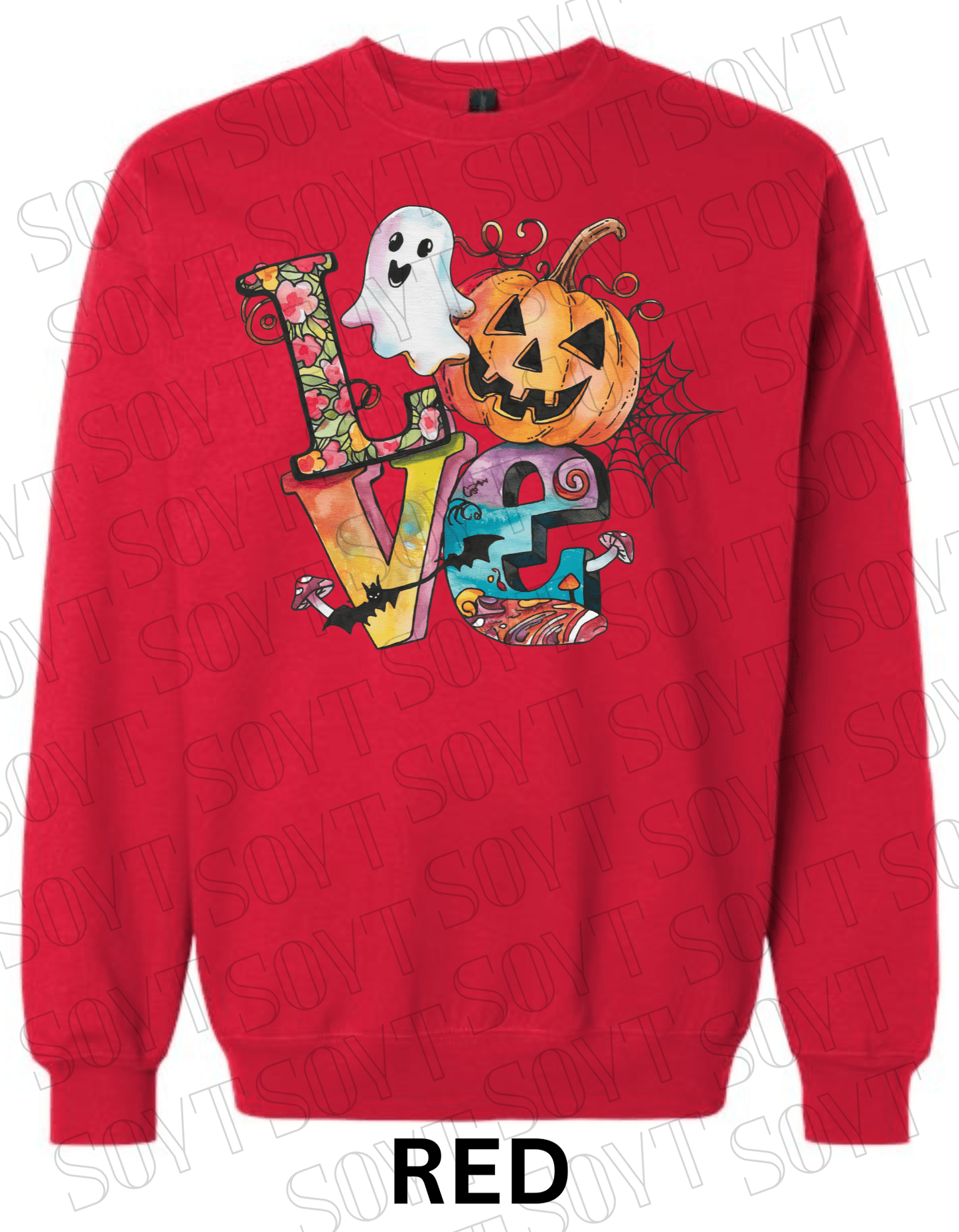 LOVE Halloween Sweatshirt – Colorful Pumpkin, Ghost & Bats Graphic Pullover for Fall - Festive Apparel StoreRed