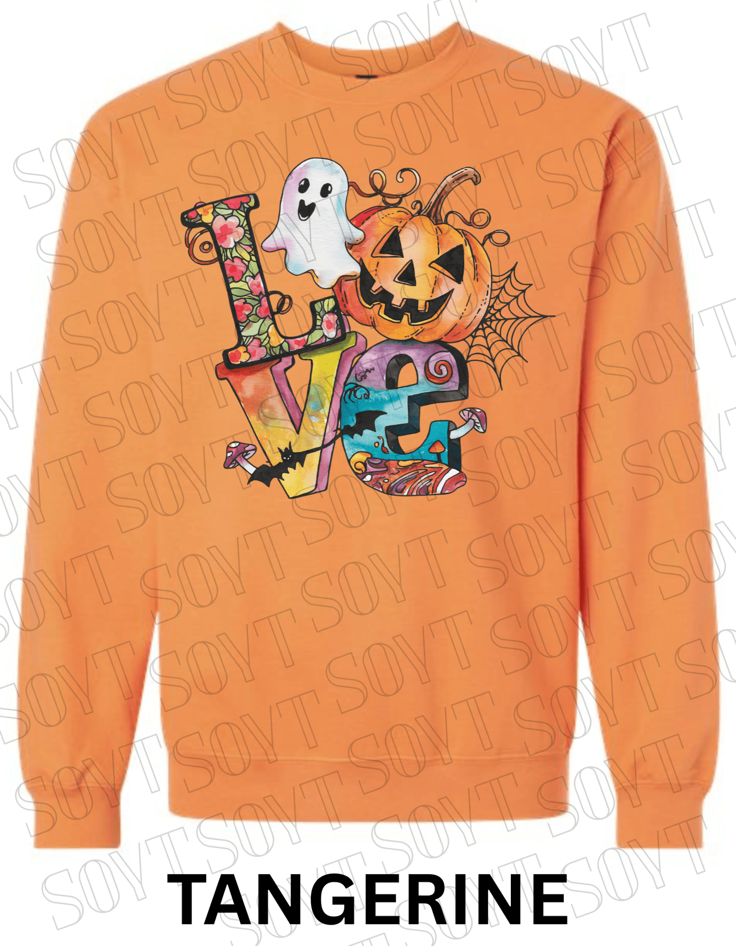 LOVE Halloween Sweatshirt – Colorful Pumpkin, Ghost & Bats Graphic Pullover for Fall - Festive Apparel StoreTangerine