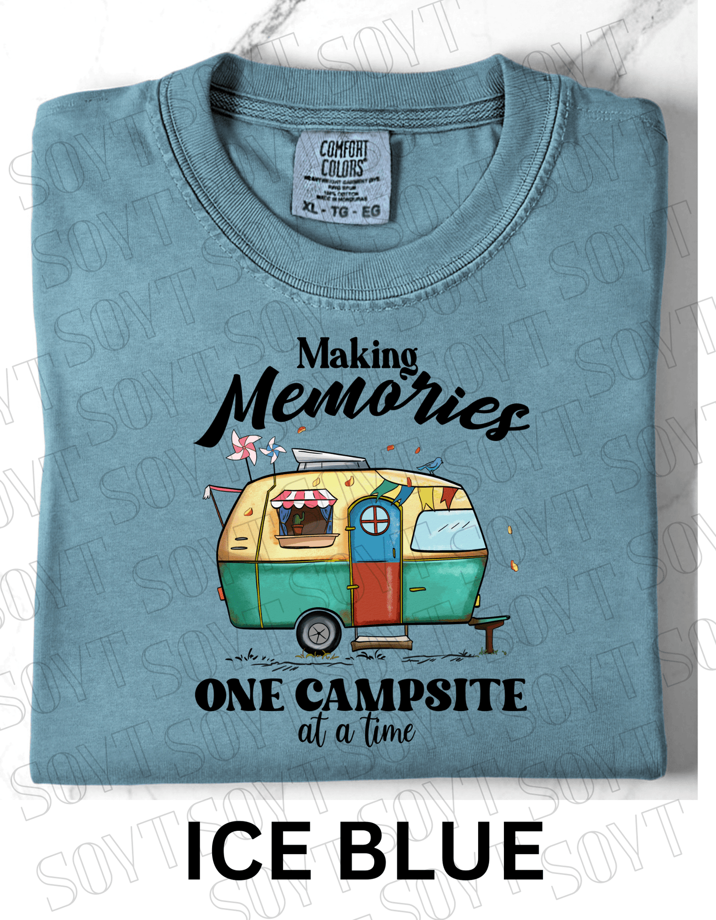Making Memories One Campsite at a Time T-Shirt – Retro Camper Graphic Tee - Festive Apparel StoreIce Blue