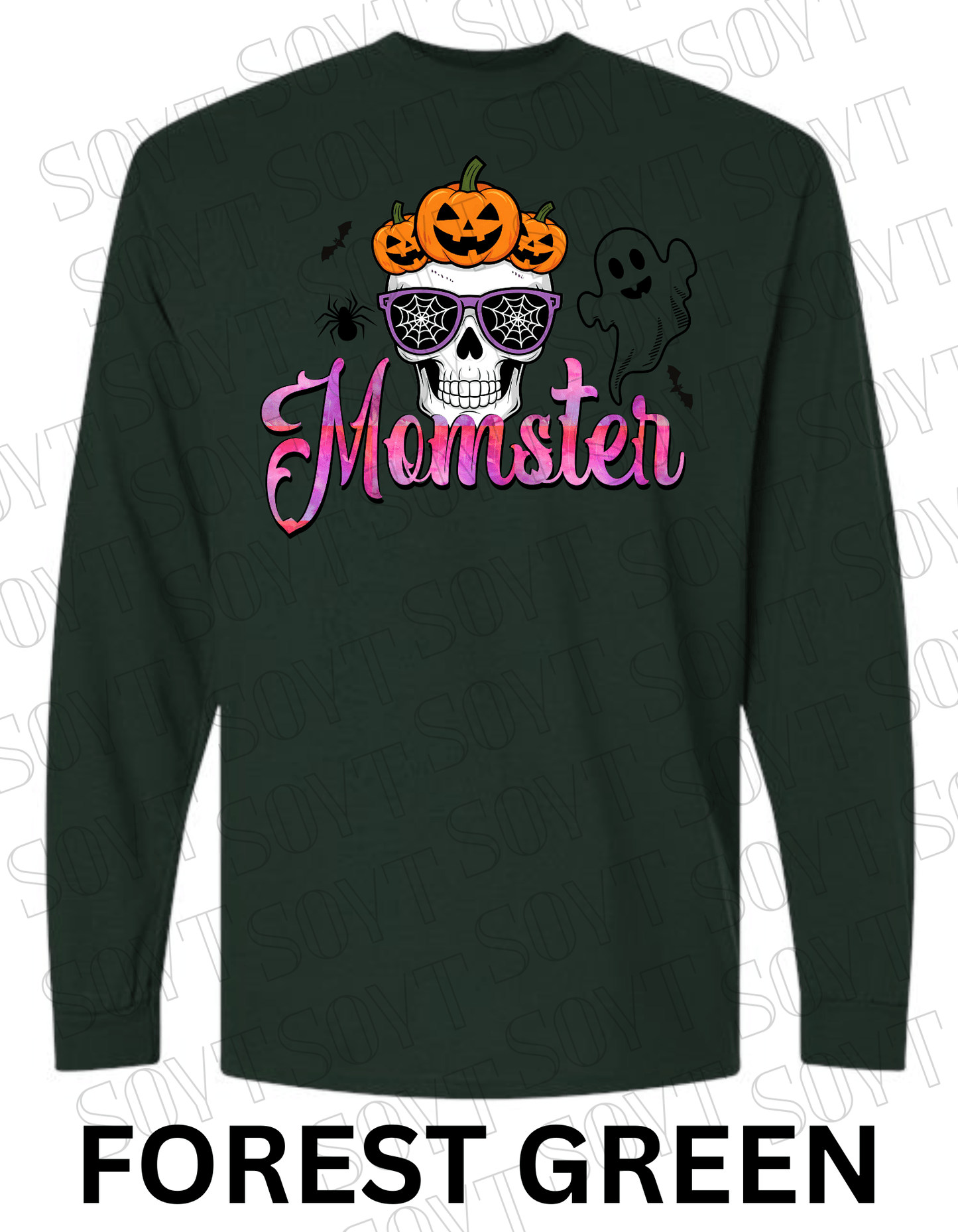 "Momster" Halloween Long Sleeve Shirt – Skull, Pumpkins & Ghost Graphic Tee for Spooky Moms - Festive Apparel StoreForest Green