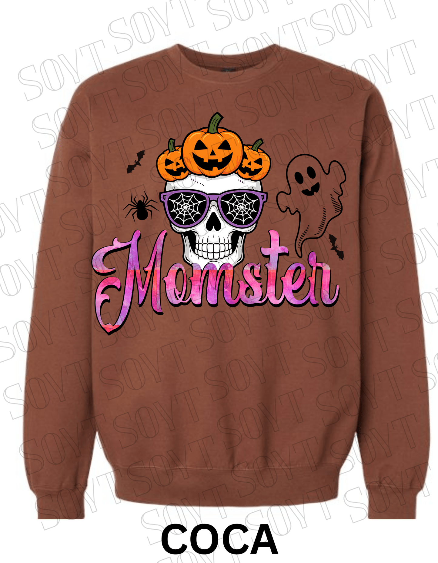 "Momster" Halloween Sweatshirt – Skull, Pumpkins, Ghost & Bat Graphic for Spooky Moms - Festive Apparel StoreCocoa Brown