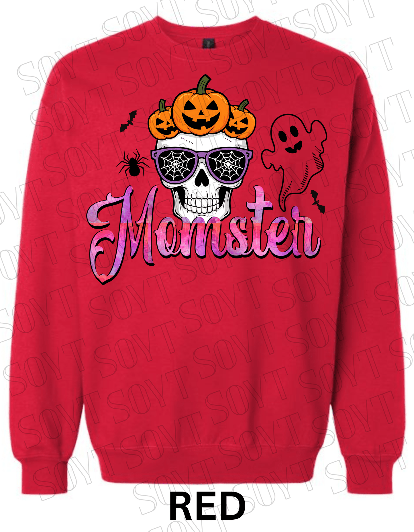 "Momster" Halloween Sweatshirt – Skull, Pumpkins, Ghost & Bat Graphic for Spooky Moms - Festive Apparel StoreRed