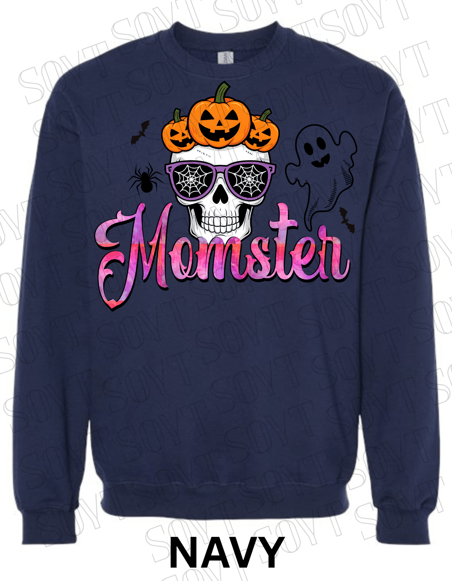 "Momster" Halloween Sweatshirt – Skull, Pumpkins, Ghost & Bat Graphic for Spooky Moms - Festive Apparel StoreNavy Blue