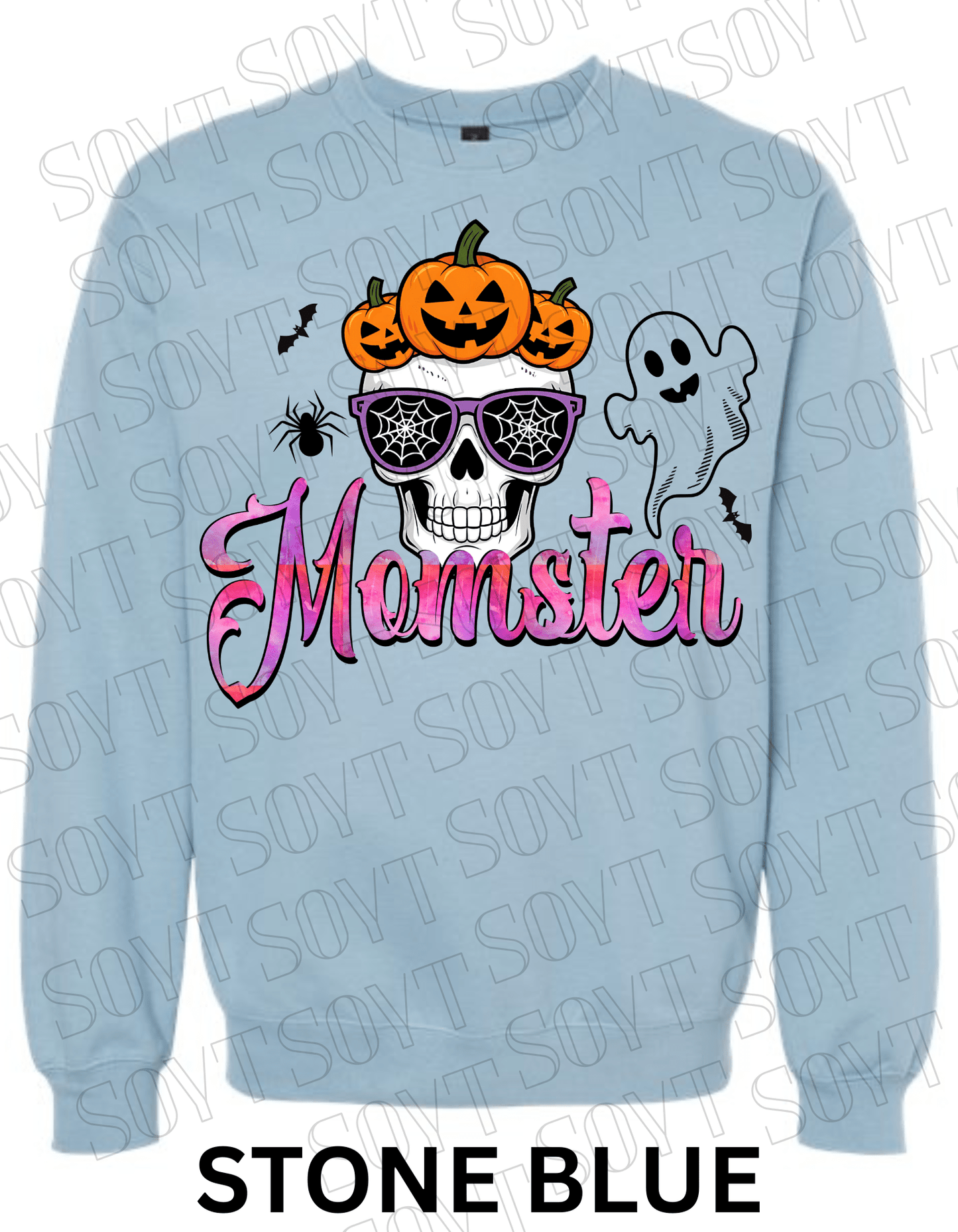 "Momster" Halloween Sweatshirt – Skull, Pumpkins, Ghost & Bat Graphic for Spooky Moms - Festive Apparel StoreStone Blue
