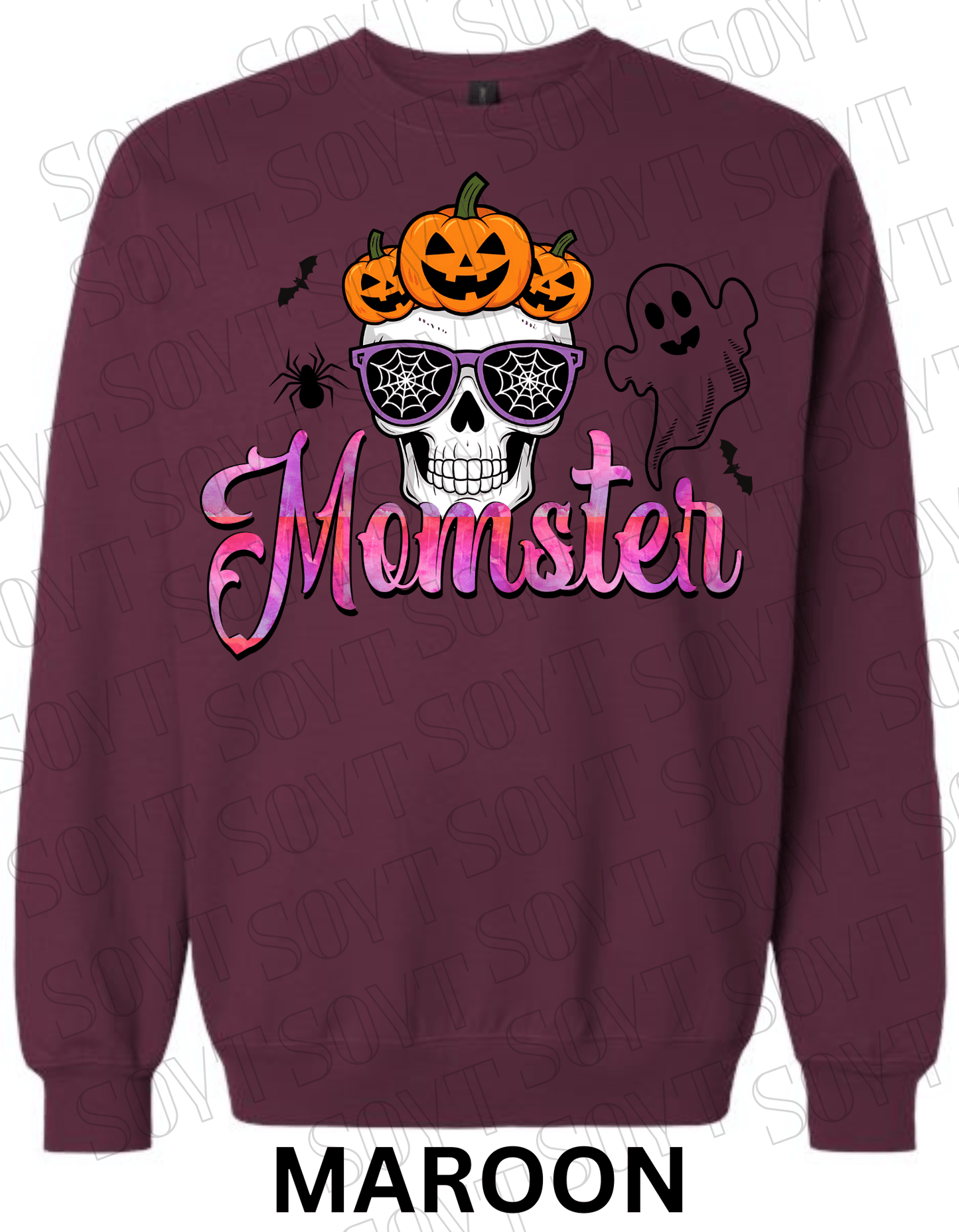 "Momster" Halloween Sweatshirt – Skull, Pumpkins, Ghost & Bat Graphic for Spooky Moms - Festive Apparel StoreMaroon