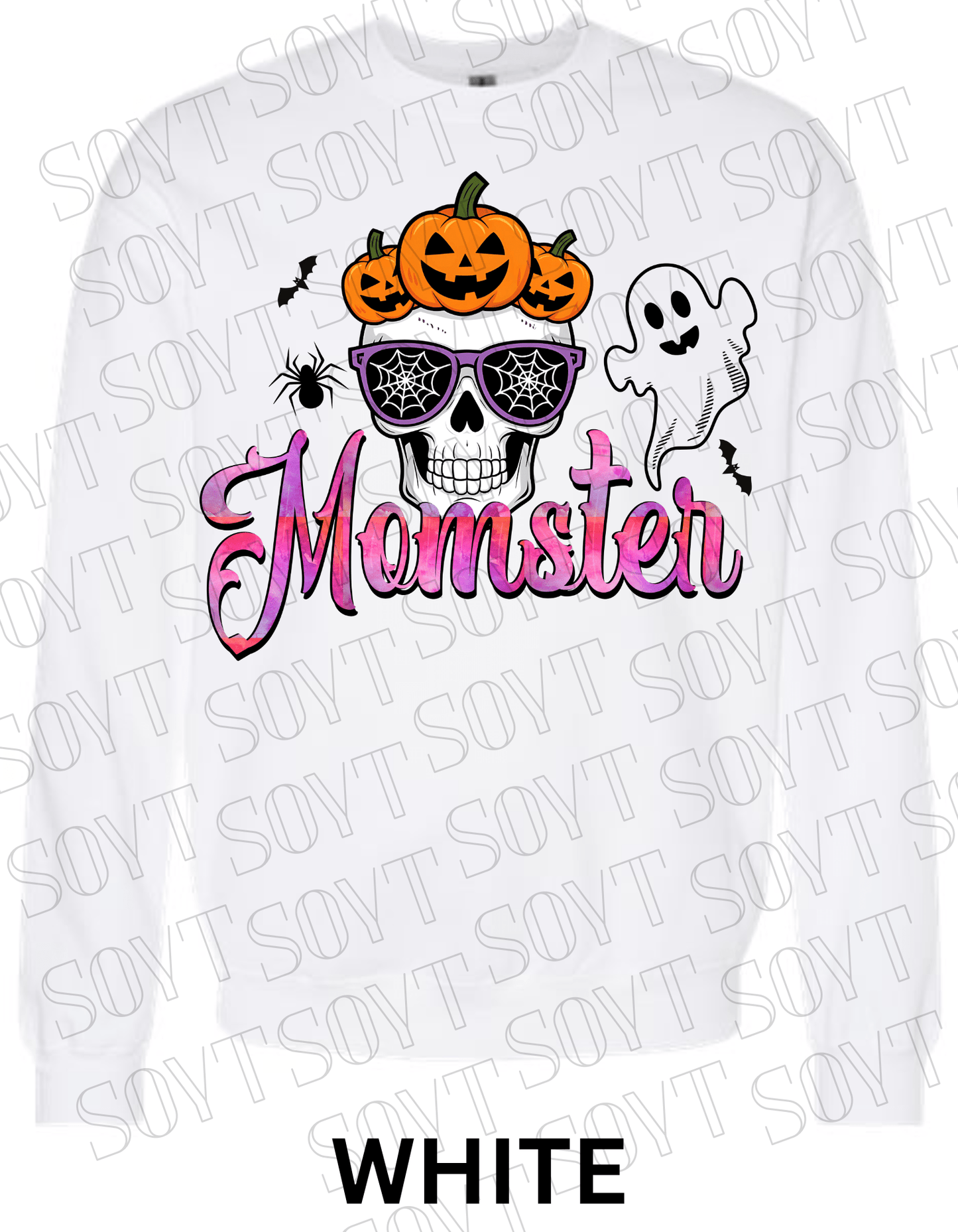 "Momster" Halloween Sweatshirt – Skull, Pumpkins, Ghost & Bat Graphic for Spooky Moms - Festive Apparel StoreWhite