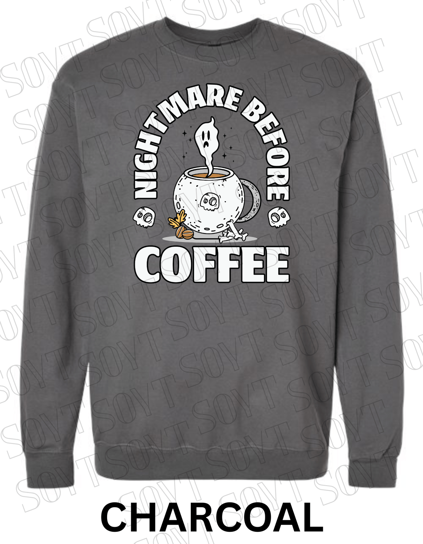 Nightmare Before Coffee Halloween Sweatshirt – Cauldron Mug with Ghost, Skulls & Bones Pullover - Festive Apparel StoreCharcoal