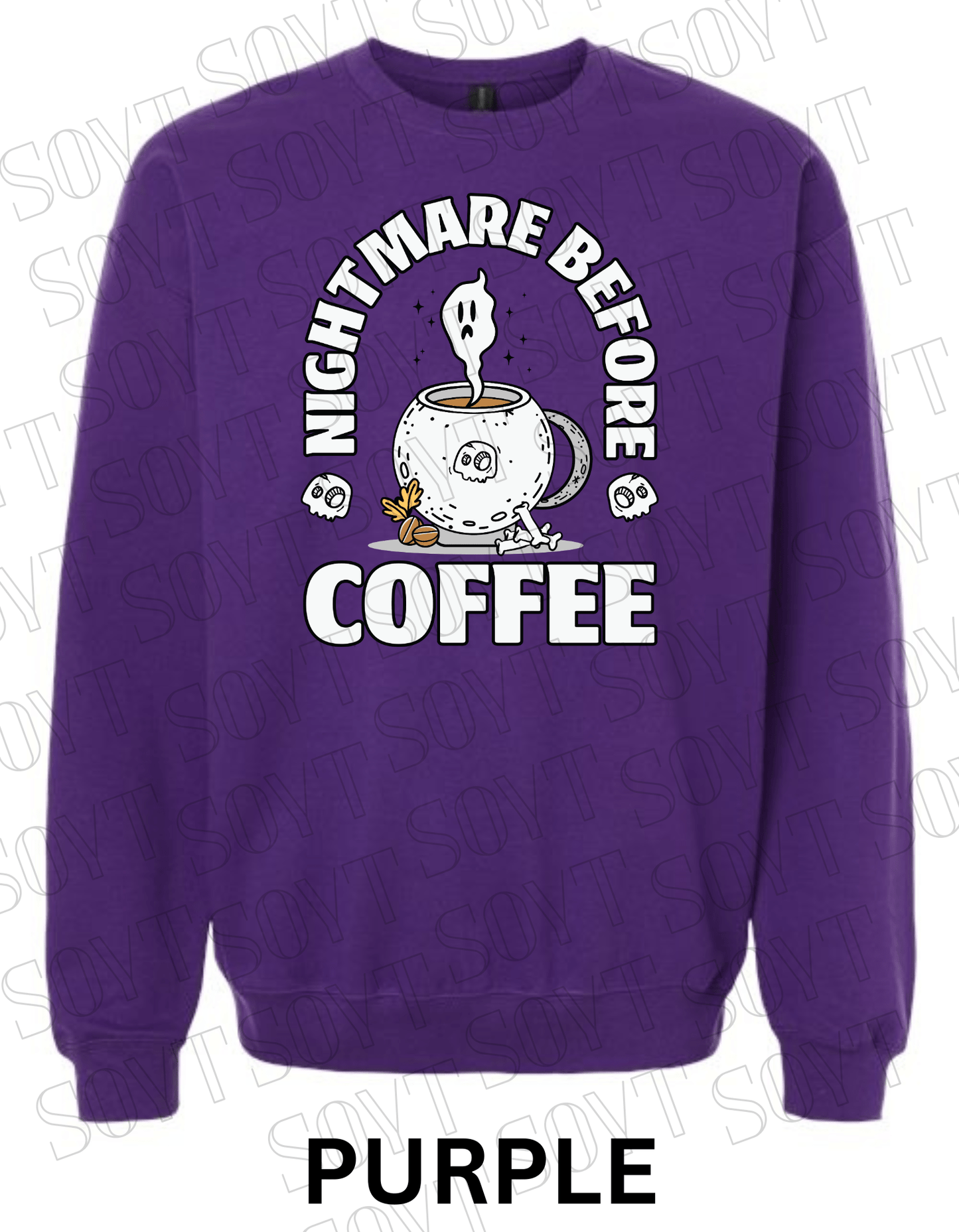 Nightmare Before Coffee Halloween Sweatshirt – Cauldron Mug with Ghost, Skulls & Bones Pullover - Festive Apparel StorePurple