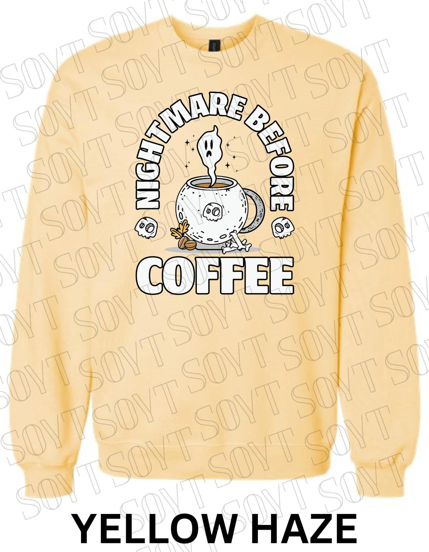 Nightmare Before Coffee Halloween Sweatshirt – Cauldron Mug with Ghost, Skulls & Bones Pullover - Festive Apparel StoreYellow Haze